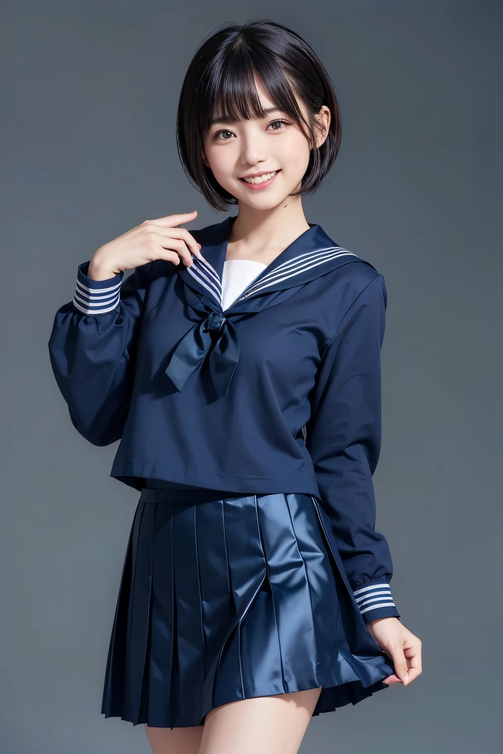 (( Masterpiece)), (( highest quality)), ( Portrait of a Cute Girl ), 、(((white sailor suit)))、((Tight long skirt to hide the knee、 plain dark blue ))、(( black loafers))、((Standing photo showing up to the knee))、 Cute 、 laughing like an idol 、 people laughing and laughing 、 professional writing 、(( earthless background))、(( beautiful double eyelids ))、( long eyelashes)、(( black shiny hair ))、 ((Boy cut hairstyle))、G-Cup、(( Best Smile ))、Like a cute popular idol 、(( navy blue skirt))、(( Front angle))、Sailor suit and skirt are made of the same material