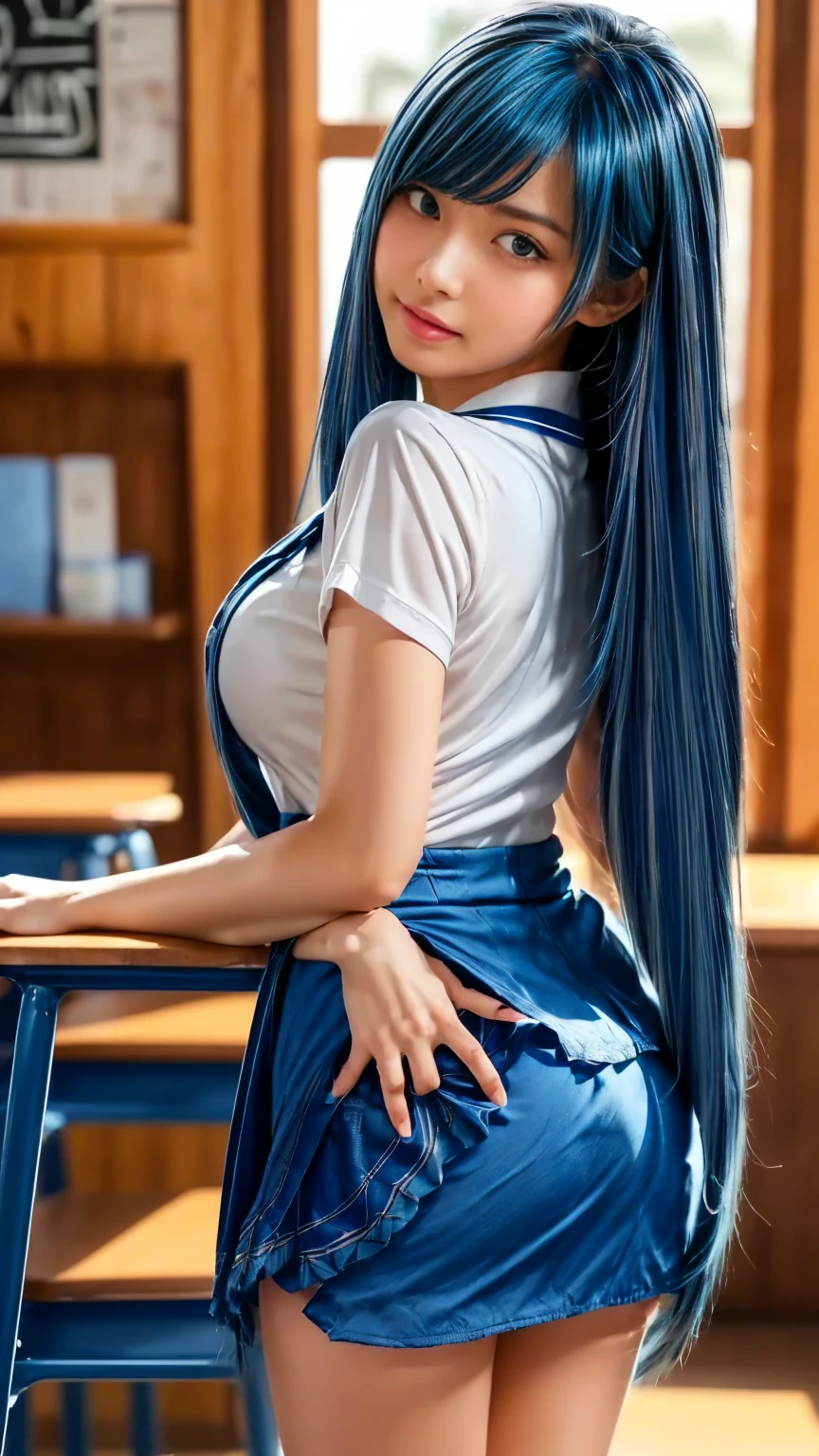 Best quality, ultra detailed, 1 girl, black hair, two braids, Blue eyes, glasses, mother, thong, skirt, Background room with computer, dynamic pose
