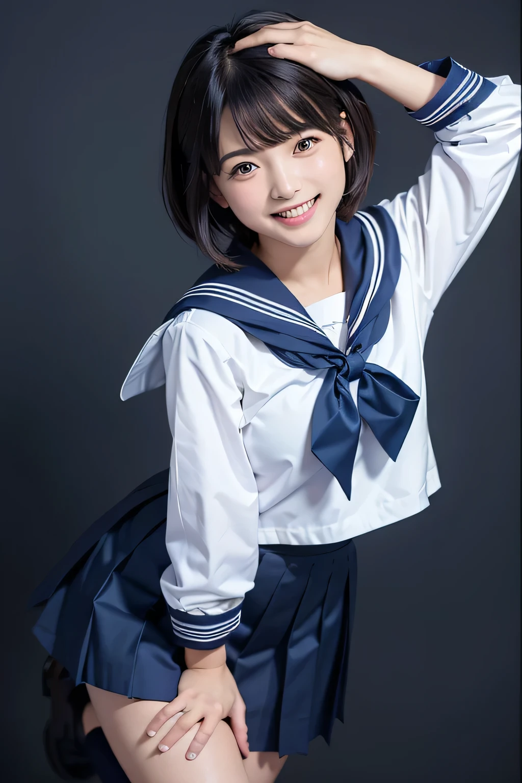 (( Masterpiece)), (( highest quality)), ( Portrait of a Cute Girl ), 、(((white sailor suit)))、((Tight long skirt to hide the knee、 plain dark blue  ))、((  black loafers))、((Standing photo showing up to the knee))、 Cute   、  laughing like an idol 、   people laughing and laughing  、   professional writing 、(( earthless background))、(( beautiful double eyelids  ))、（  long eyelashes）、(( black shiny hair ))、 ((Boy cut hairstyle))、G-Cup、((  Best Smile ))、Like a cute popular idol 、(( navy blue skirt))、(( Front angle))、Sailor suit and skirt are made of the same material