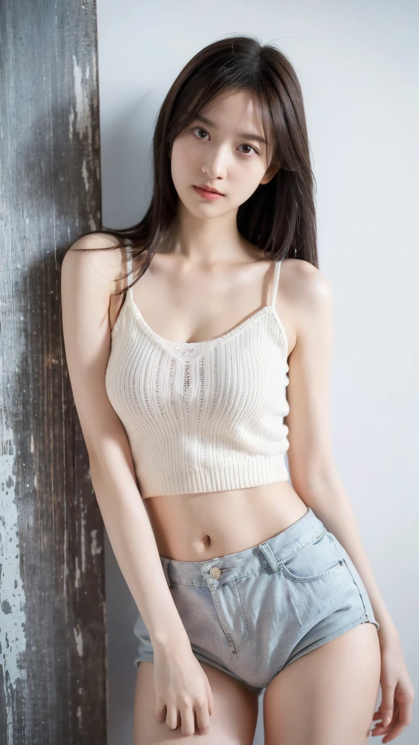 Girl in white bra and tight denim skirt posing for photo, full body, with cropped T-shirt, bra, slim body, smaller bust, slim girl model, 24-year-old female model, lying on the construction site, a group of black men onlooking
