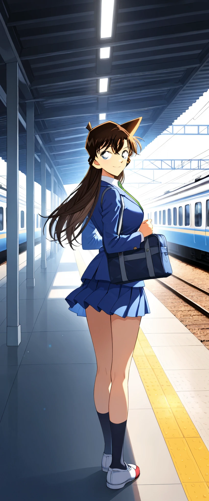 score_9, score_8_up, score_7_up,1girl,mouriranai,mouri ran,meitantei conan,brown hair, blue eyes, long hair, breasts, large breasts, lens flare, medium breasts,BREAK,skirt, shirt, long sleeves, school uniform, jacket, white shirt, pleated skirt, necktie, collared shirt, miniskirt, blue skirt, blazer, blue jacket, green necktie,school bag,BREAK,standing,small smile,BREAK,full body,from behind,train station platform