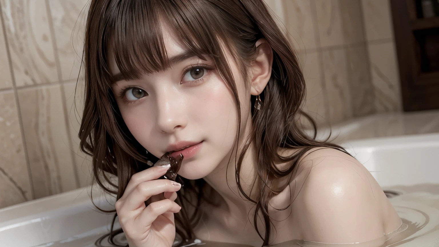 Valentine's Day, in a luxurious baththub and bathroom with the gorgeous decorations, a beautiful woman is nibbling on a large chocolate in a hand, around her mouth covered in melted chocolate, while taking a bath, lit very brightly, realistic water texture, taking a bath up to the neck, wearing nothing, fully naked, no ornaments, no make-up, captivating, wavy medeium length hair, pale orange and bronde hair, pompadour hairstyle, twisted bangs, fidgeting, with a shy smile, blushing, a little sunburned skin, glamorous figure, adult sexiness, alluring, sweaty, {realistic photo style}, {cinematic}, {dramatic}