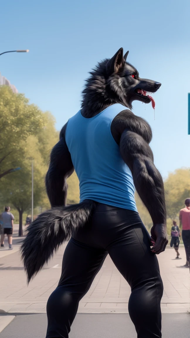 furry, alone, close up, male black wolf, Bright red eyes, finger claws, Greet the viewer, naked, feroz, Street, sunny forest, standing posture, right profile, fluffy tail, 4K quality, salivating, wearing black underwear