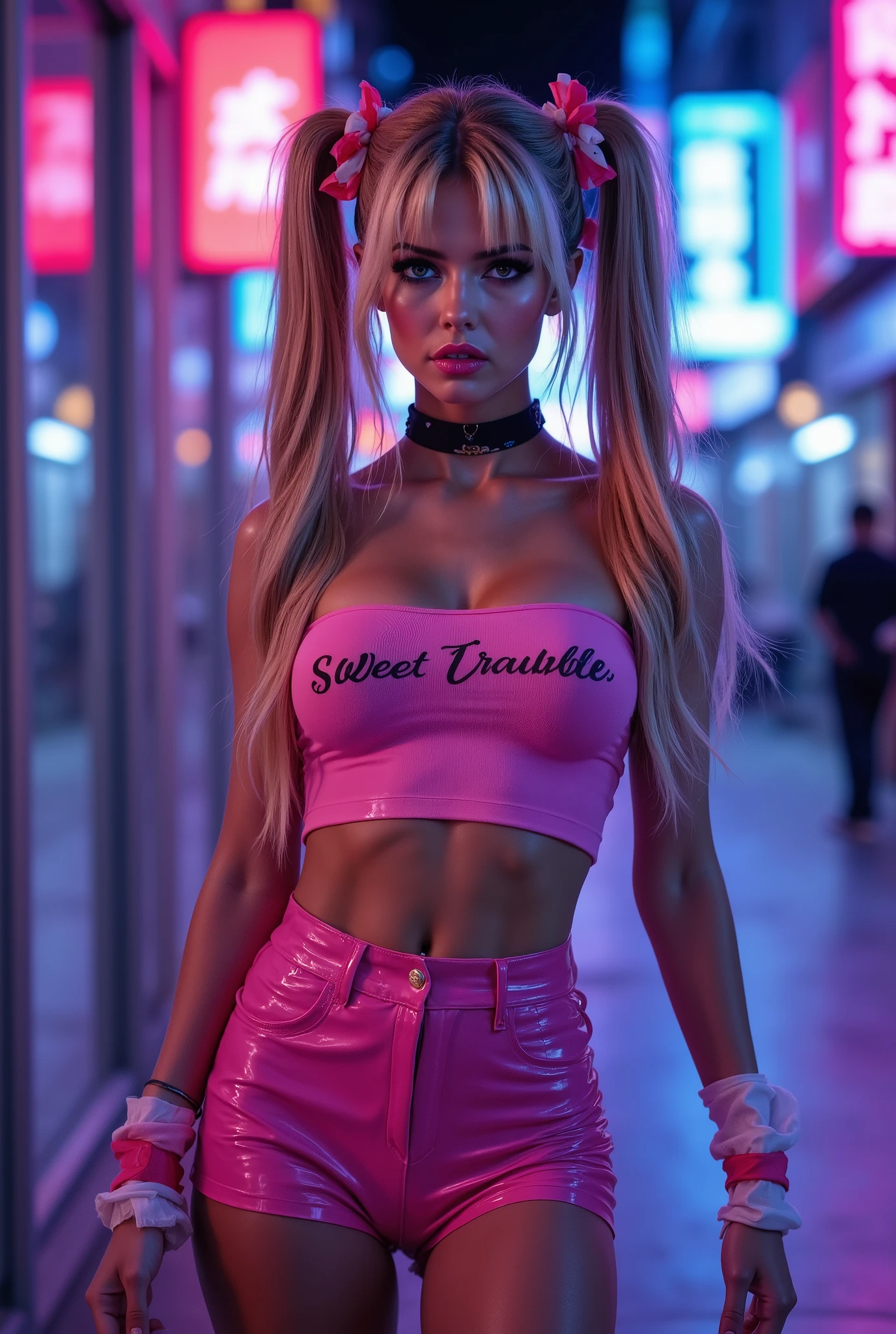 «A breathtaking young rebel with golden champagne blonde hair styled into playful pigtails adorned with colorful ribbons, posing confidently against the neon-lit cityscape at blue hour. Her striking face features glossy lips, powdery pink cheeks, and shimmering blue eyeshadow, creating an irresistible mix of sweetness and rebellion. She wears a pink crop top with "Sweet Trouble" lettering, a shiny vinyl mini-skirt, and high striped socks. Her sultry yet playful gaze meets the camera directly, exuding confidence. The background is a cinematic urban setting bathed in deep blue hour lighting, with neon pink and electric blue reflections creating a moody yet vibrant contrast. The lighting enhances the glossy textures of her outfit, making her stand out with a magnetic presence. Hyper-realistic detail, cinematic Vogue fashion photography style».