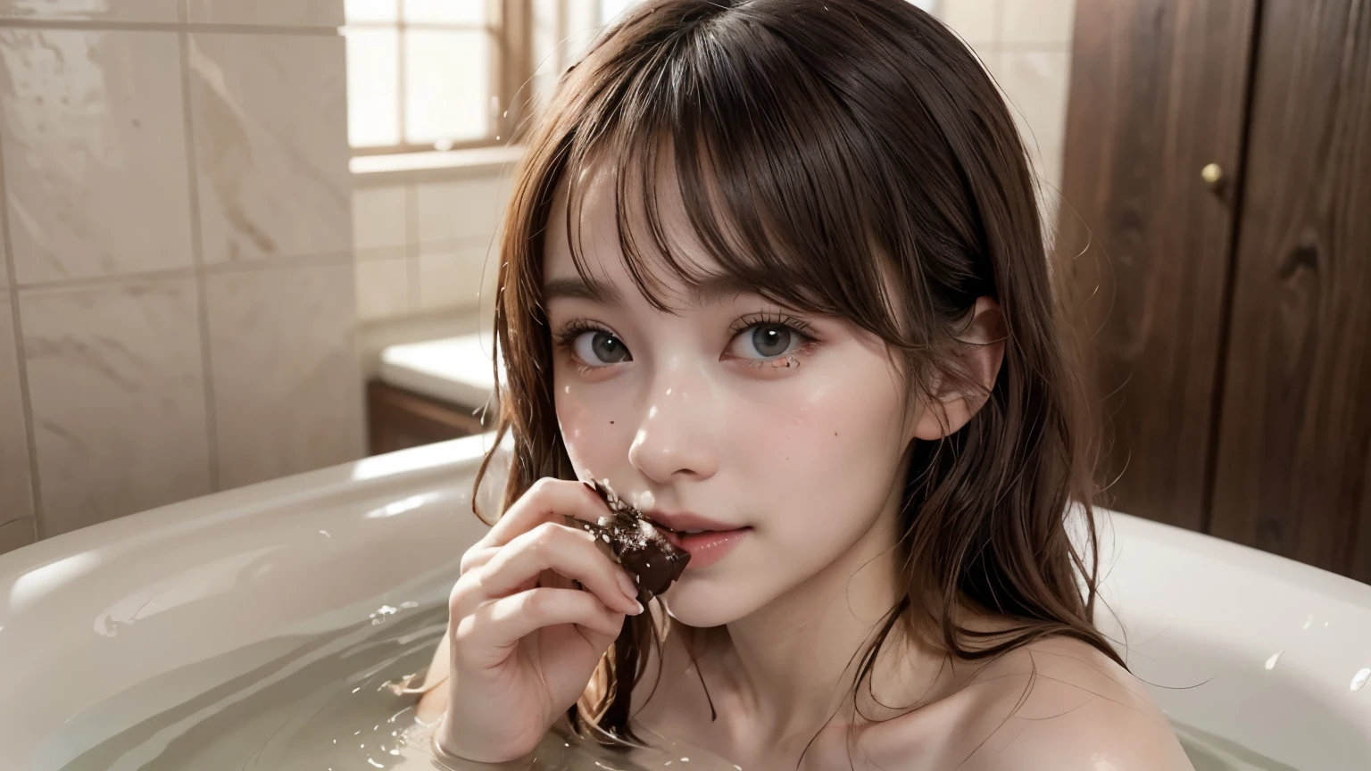 Valentine's Day, in a luxurious baththub and bathroom with the gorgeous decorations, a beautiful woman is nibbling on a large chocolate in a hand, around her mouth covered in melted chocolate, while taking a bath, lit very brightly, realistic water texture, taking a bath up to the neck, wearing nothing, fully naked, no ornaments, no make-up, captivating, wavy medeium length hair, pale orange and bronde hair, pompadour hairstyle, twisted bangs, fidgeting, with a shy smile, blushing, a little sunburned skin, glamorous figure, adult sexiness, alluring, sweaty, {realistic photo style}, {cinematic}, {dramatic}