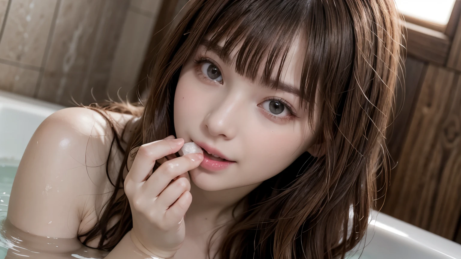 St. Valentine day, in a clean and pastel colored bathroom, taking bath a nd the water is a little chocolate colored, realistic water texture, eating a large chocolate, pampered expression, lovey-dovey, heart is pounding with tension, wearing nothing, wavy long length hair, pale orange and bronde hair, pompadour hairstyle, twisted bangs, fidgeting, with a shy smile, blushing, beautiful white-colored translucent skin, a little sunburned skin, slendar figure, adult sexiness, alluring, glossy face, {realistic photo style}, {cinematic}, {dramatic}