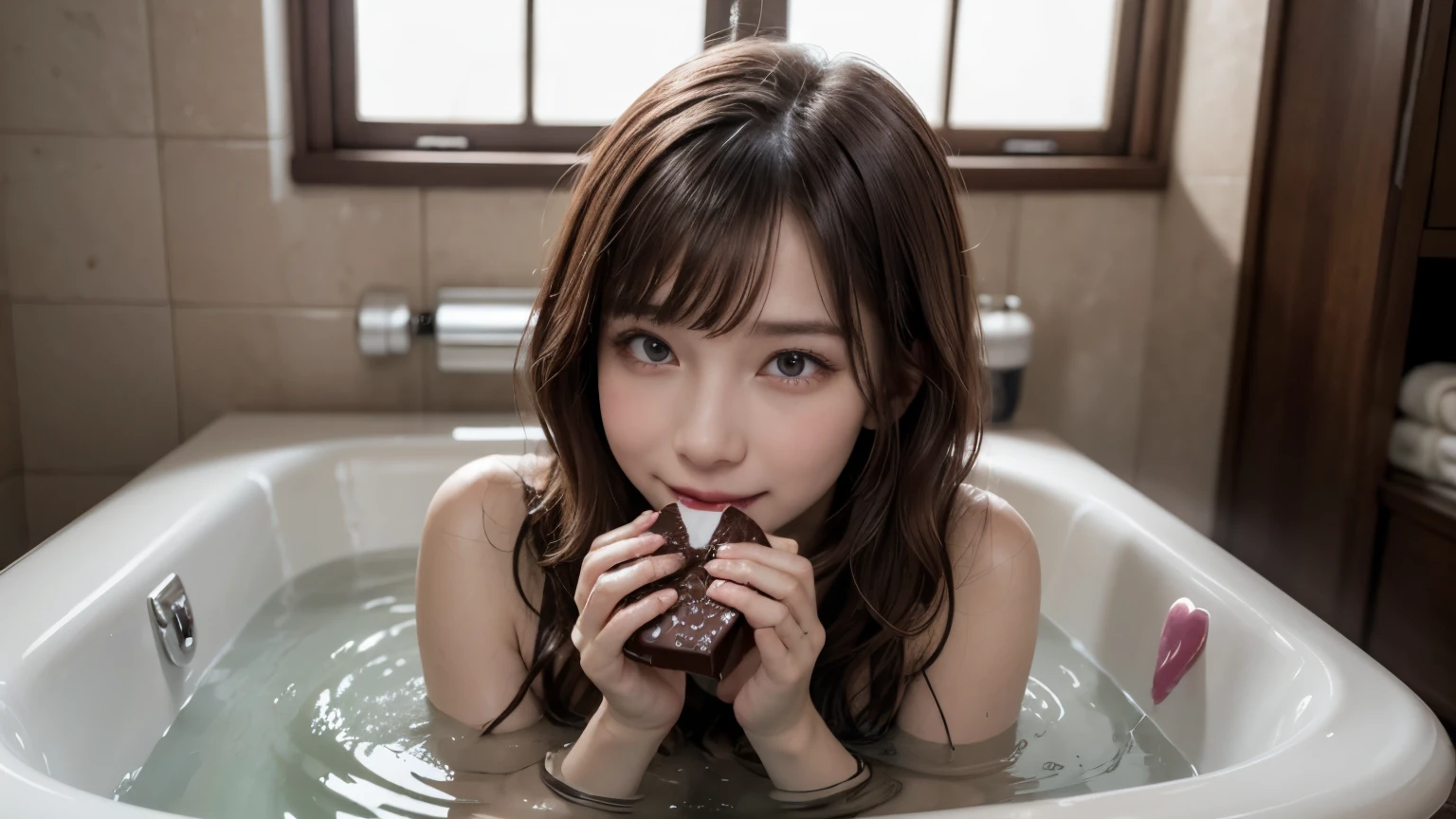 St. Valentine day, in a clean and pastel colored bathroom, taking bath a nd the water is a little chocolate colored, realistic water texture, eating a large chocolate, pampered expression, lovey-dovey, heart is pounding with tension, wearing nothing, wavy long length hair, pale orange and bronde hair, pompadour hairstyle, twisted bangs, fidgeting, with a shy smile, blushing, beautiful white-colored translucent skin, a little sunburned skin, slendar figure, adult sexiness, alluring, glossy face, {realistic photo style}, {cinematic}, {dramatic}