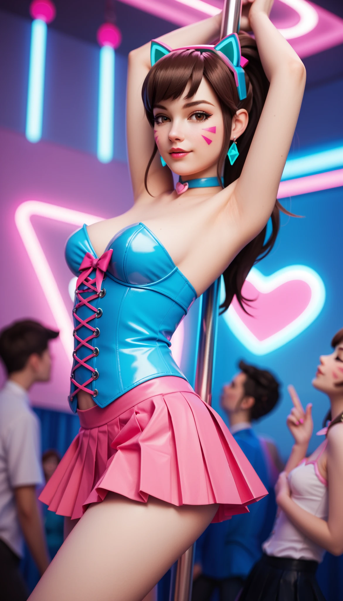 D.VA, Brown Eyes, Brown Hair, Cat Face Adornament, sexy pose, cowboy shot, D.Va, seductive, dancing on the pole, pole dance, leather corset pleated mini skirt (pastel pink and pastel blue aesthetics), neon lights background