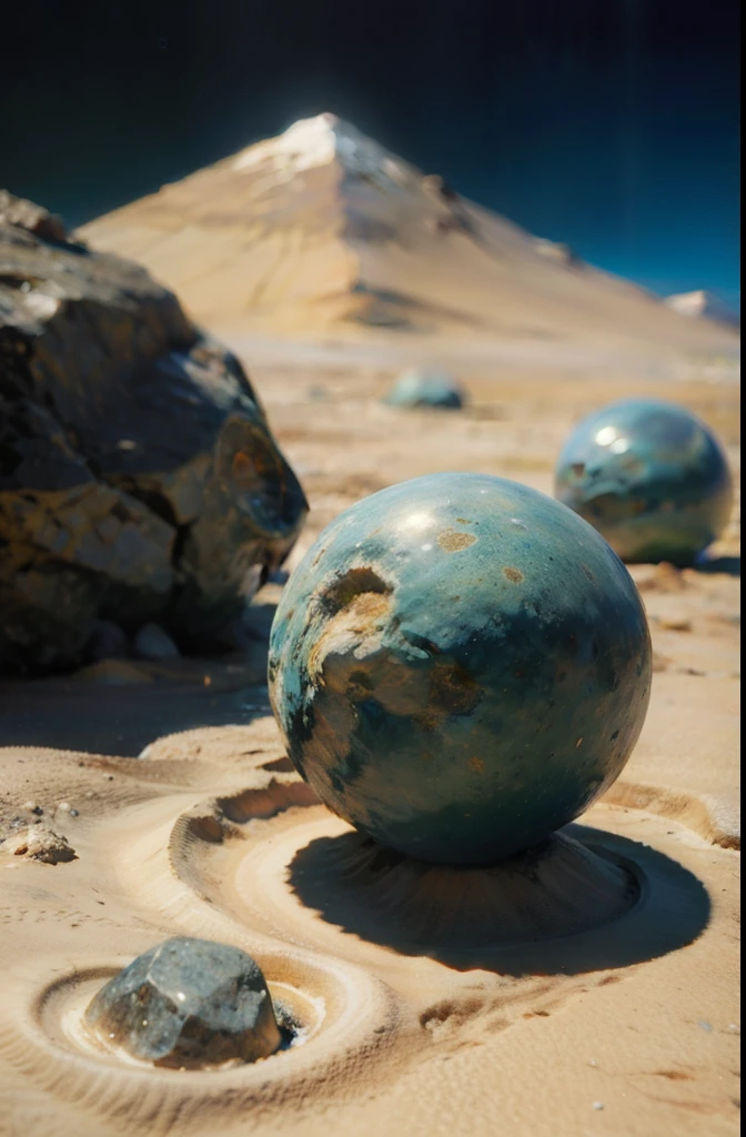 Anamorphic Rocks There are some rocks and a ball on the sand - SeaArt AI