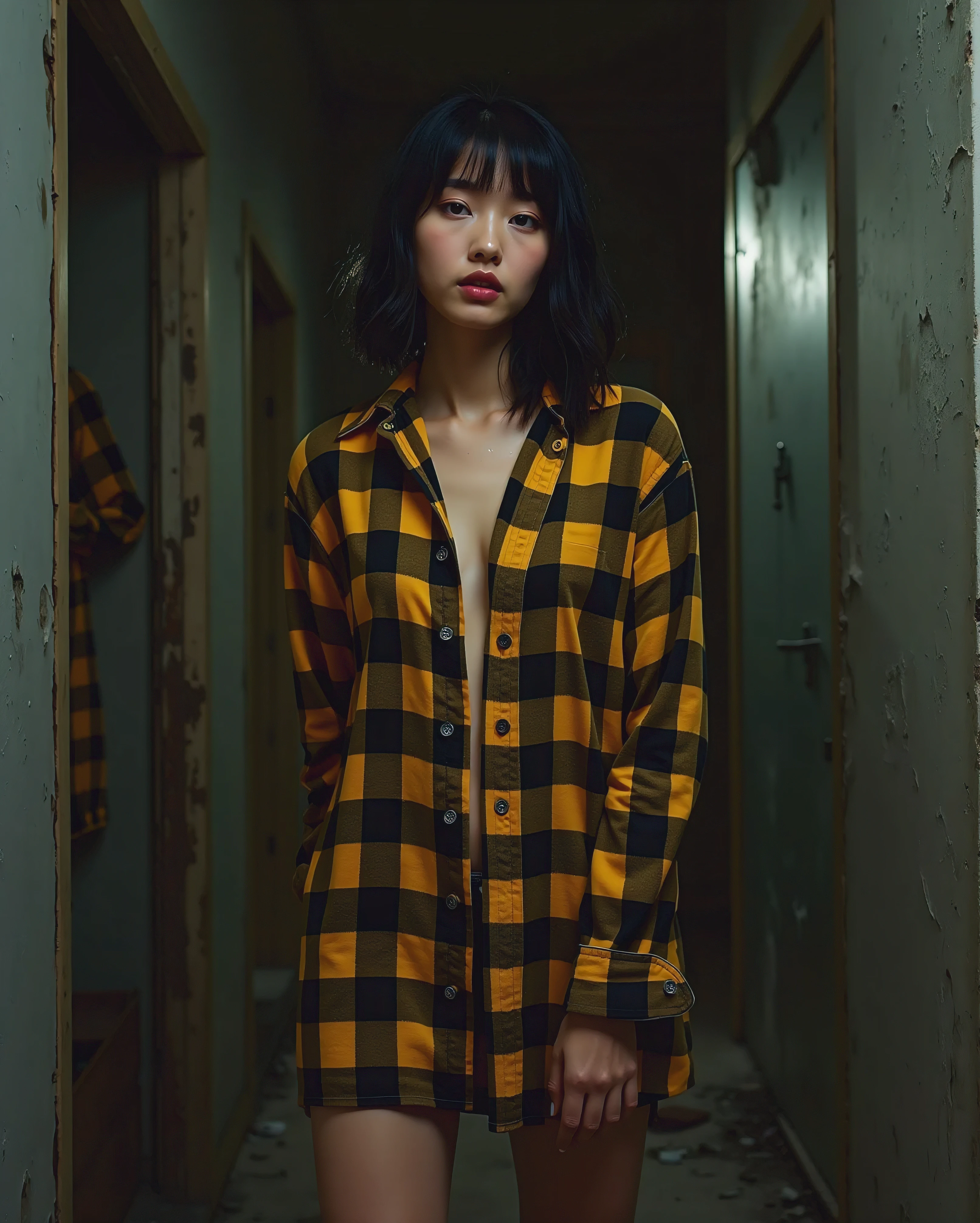 (((Full body view))), Cinematic photography of a tall skinny beautiful Korea sensual actress Bae Doona with only wearing a very very revealing halftone-pattern yellow and black oversized flannel shirt and thigh-high boots is posing sensually inside a dark messy shabby abandoned rubble house at night and looking at the camera, (((Bae Doona realistic face:1.3))), (((very beautiful thin face, perfect detailed eyes, very pointy nose))), (((looking at camera, very lustful gaze))), (((very lustful smile))), (((messy hair with a bang:1.3))), (((very skinny sensual tall body))), wearing a (((very very revealing halftone-pattern yellow and black oversized flannel shirt))), very very revealing halftone-pattern oversized flannel shirt with (((yellow and black color))), exposing her beautiful big round breasts, very large areola protruding, exposing her very very pointy nipples shape, (((slim abs))), (((very skinny legs))), (((not wearing underwear panty))), (((very very dense pubic hair))), wearing (((thigh-high boots))), (((perfect skinny body anatomy))), very sensual (((dynamic pose))), background is a (((dark messy shabby abandoned rubble house at night))), a photorealistic painting by Antoine Wiertz, featured on reddit, hyperrealism, cinematic lighting, very sharp focus, narrow depth of fields, Kodachrome film color, night photography, 90's erotic fashion photography, 90's grunge style, Bae Doona sensual prostitute girl, sensual smoking body, very very revealing halftone oversized flannel shirt, hot looking Korean prostitute girl, sensual movie photo, Bae Doona in yellow and black oversized flannel shirt, ultra sensual look, editorial photography on Vogue magazine, high-end fashion, grunge style, 90's artistic porn