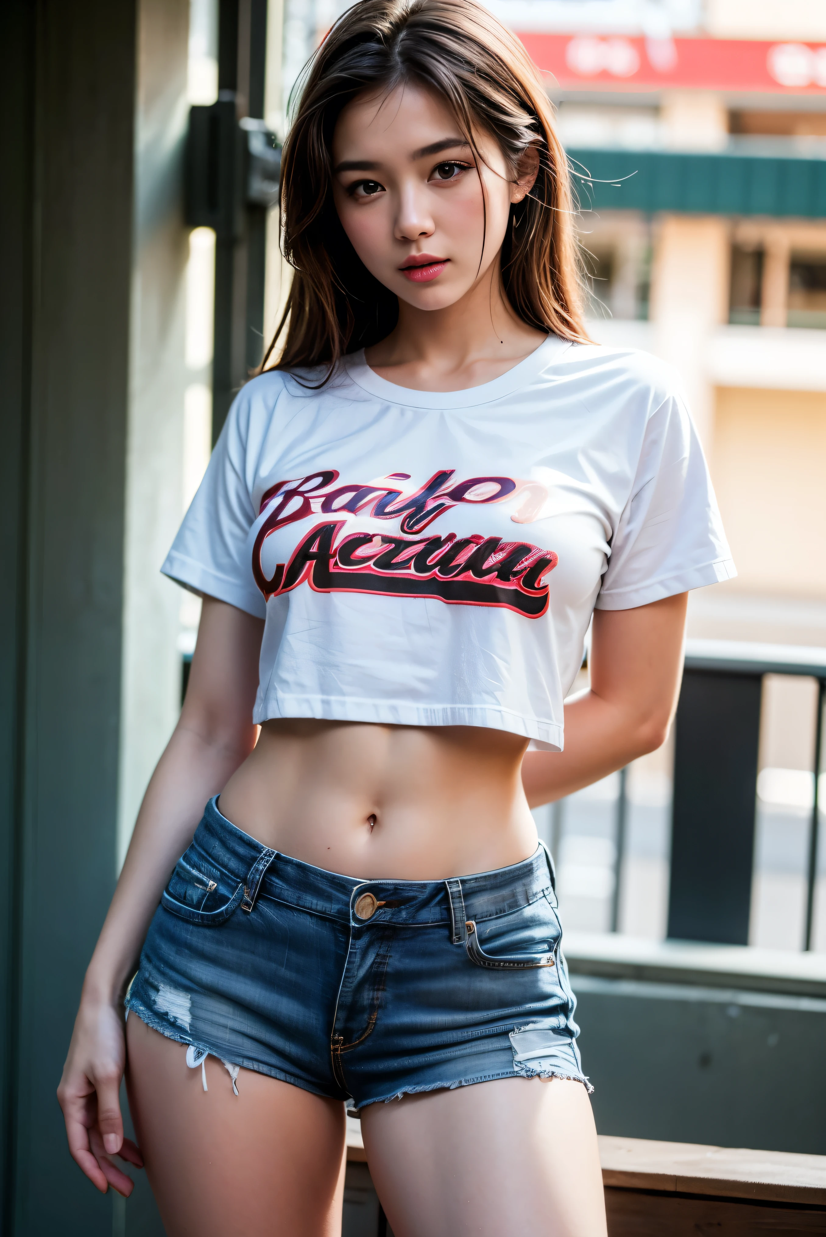 Teenager 12 years old, hermosa, un primer plano de una adolesente con pantalones cortos y una camisa en la calle, sujetador y pantalones cortos streetwear, su ombligo esta expuesto, cintura - tiro, foto de modelo chica delgada, 12 year old female model,girl, ombligo mostrando, cintura delgada y caderas gruesas, Chica sexy con pantalones cortos, usando ropa casual, sports physique