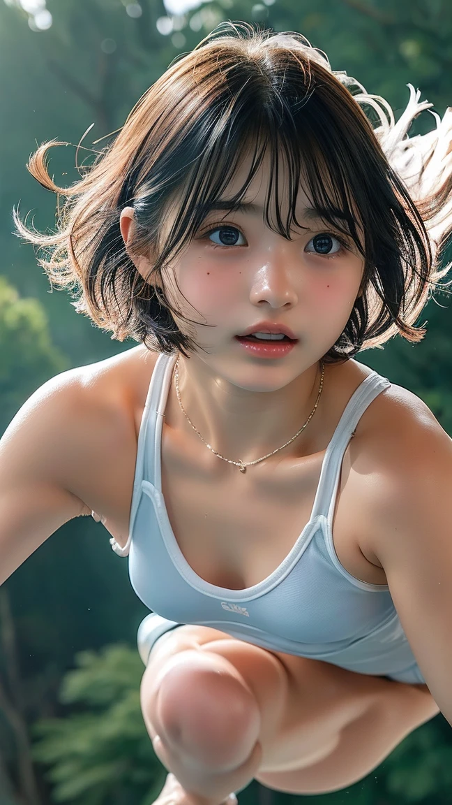 film photography, 1girl, purple sports bra, tight leggings, wet skins, seductive smile, medium breast, full body, drunk blush:1.5, wavy shoulder-length hair, serene, calm, (realistic detailed eyes, natural skin texture, realistic face details), soft dramatic lighting, depth of field, bokeh, vibrant details, finely detailed, hyperrealistic