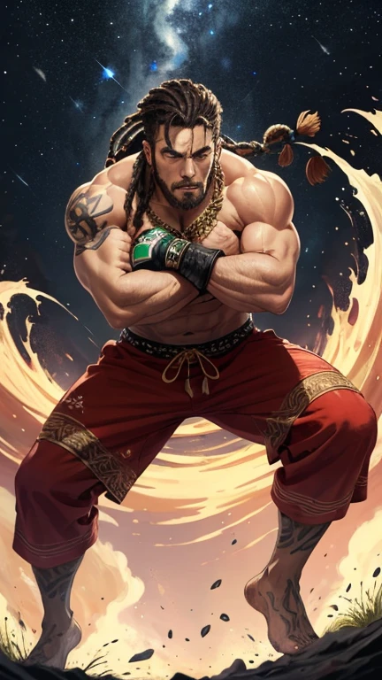 32K, Best quality, 巨作, Super detail, High details , A tall man and I are sparring, I gesture for him to make the first move. Without hesitation, he leaps into the air, Wielding the Axe of the God of War,Has great power and sharpness. Behind him, a massive Xingtian shadow appears, attacking alongside him.,in the style of the stars art group xing xing,