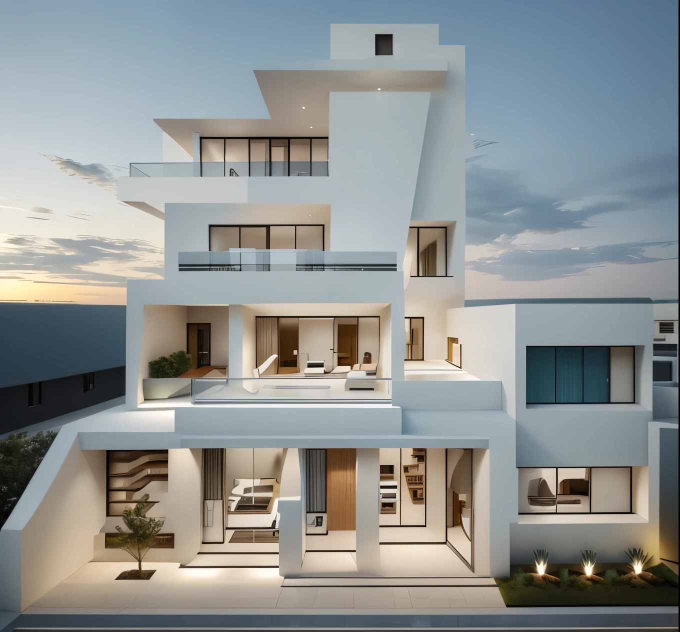 Building design, quality render, night light, blue sky and white cloud, people, cars