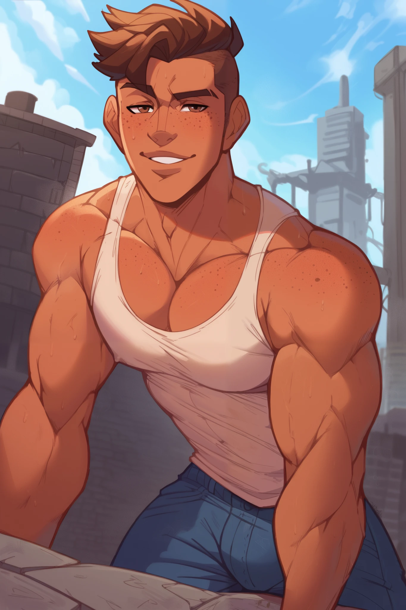 2D male character, athletical body, badboy, tans skin with freckles, undercut brown hair, grins face, half opened white tank top with denim vest, background of room in abandoned building, concrete with graffiti, male focus, leaning forward, looking down at viewer, parted lips, tank top, 1boy, blurry outdoors, scenery, from below, dutch angle, intricately detailed illustration, masterpiece,best quality,amazing quality,very aesthetic,absurdres,newest