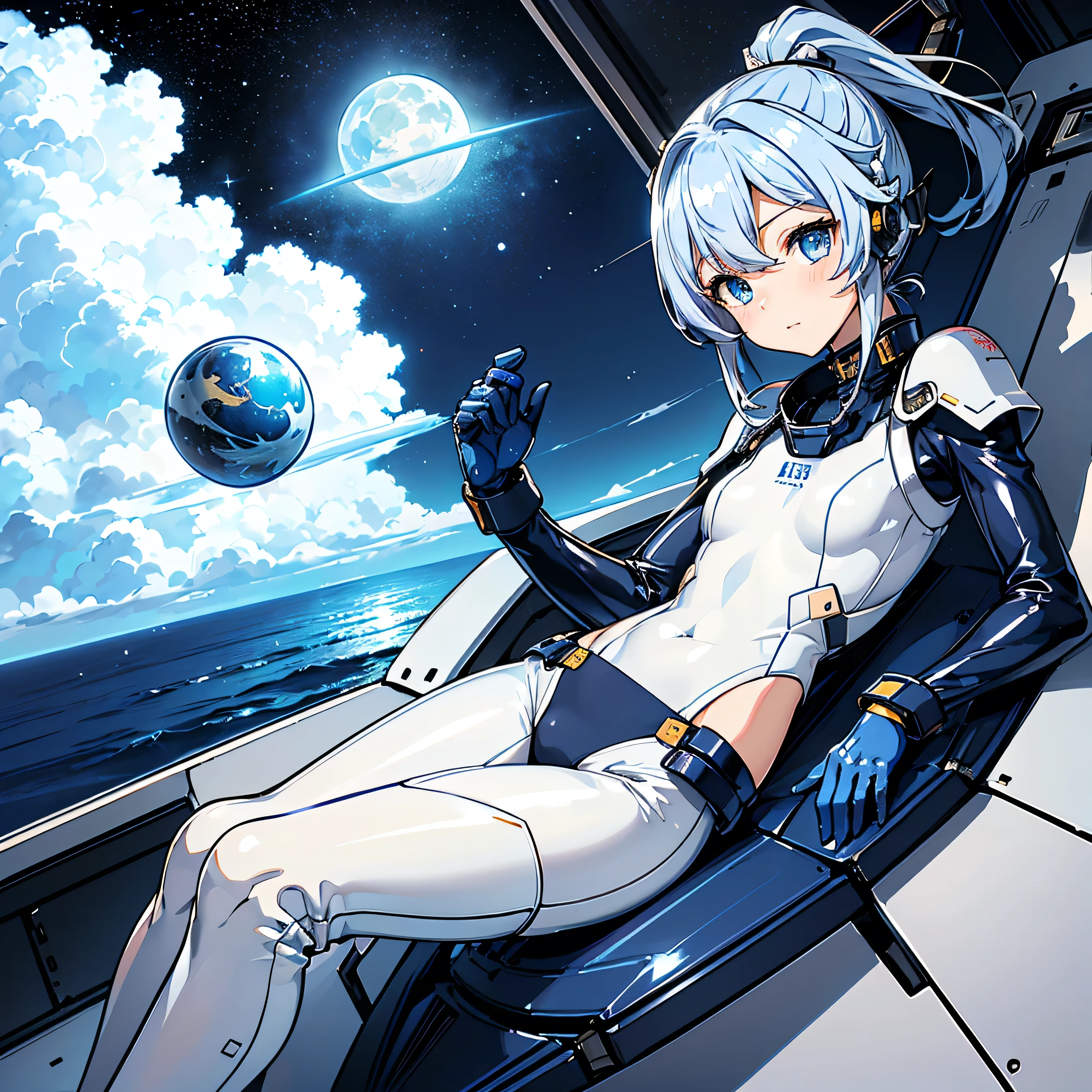 ( Masterpiece、 highest quality、 highest resolution、 Clear Images 、 Detailed Details ):(whole body、 20 year old girl、The Face of Japan、Small face、 slim、Navy blue high knot ponytail、(Hidden small breasts:1.3)、 Sparkling Blue Eyes 、white and navy blue shiny pilot suit、Chest protection armor、 tight clothes、whole bodyを覆うwhite and navy blue shiny pilot suit、魅力的なwhite and navy blue shiny pilot suit、 fitted pants 、肌を隠すwhite and navy blue shiny pilot suit、 very delicate and beautiful 、胸を隠すwhite and navy blue shiny pilot suit、肩を隠すwhite and navy blue shiny pilot suit、 detailed skin、太ももを隠すwhite and navy blue shiny pilot suit、お尻を隠すwhite and navy blue shiny pilot suit、 cute、 gentle smile、 kind expression、heroine、 headset、 long boots、 elbow length gloves 、Eye shot 、 peace talks between fighting factions 、attention arousal、Clever Blue Eyes 、straight face )、Spaceship、Moon in the background、 Galactic Clouds in the Background 、Meteor Shower、Meteor Shower、Saturn、Neptune、comet