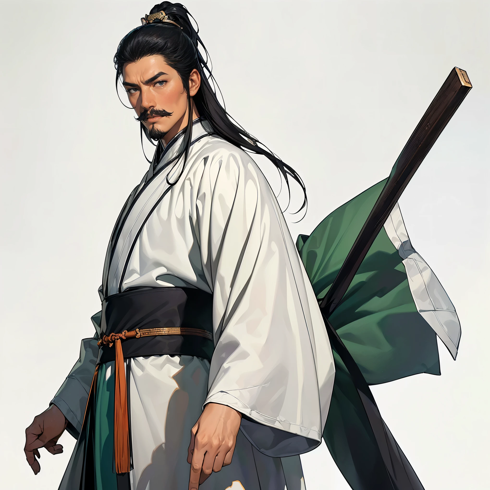 ( highest quality,4K,8k, Hi-Res, Masterpiece:1.2),super detailed,(super fine illustration),(( A Man from Ancient China )),30 years ,Governor of the Three Kingdoms ,(Narrow eyes), detailed eyes:1.2, perfect eyes,(( Attractive Dark Eyes )),((nicely cut mustache , long black hair perfectly set,slicked back hair))),(( with a sad expression,Thin eyebrows,Mossy Cheeks )),cinematic lighting, soft shadows,((fine ancient Chinese black costume :1.3, looking up,from side)),(( cowboy shot:1.2)),(( WHITE BACKGROUND :1.3,simple background:1.3)),(( Standing:1.3, depicted so as not to be seen from the tip of the head :1.3))