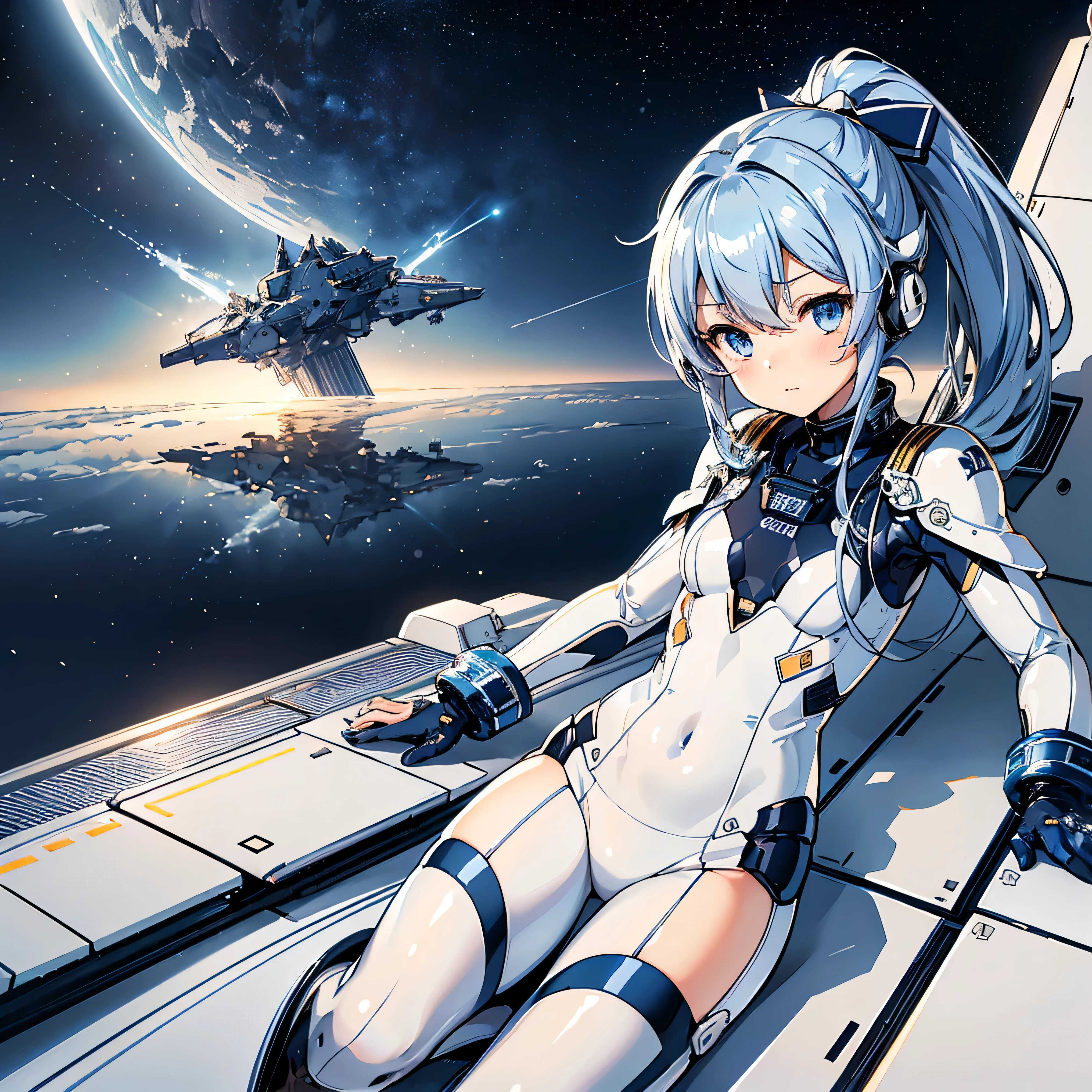 (masuter piece,Best Quality,Ultra-detailed), (A detailed face), hight resolution, 1girl in, White hair, long, Twin-tailed, Blue eyes, kosmos, spaceships, SF, space astronaut, astronaut suit, No helmet, Stars, Fully equipped rooms