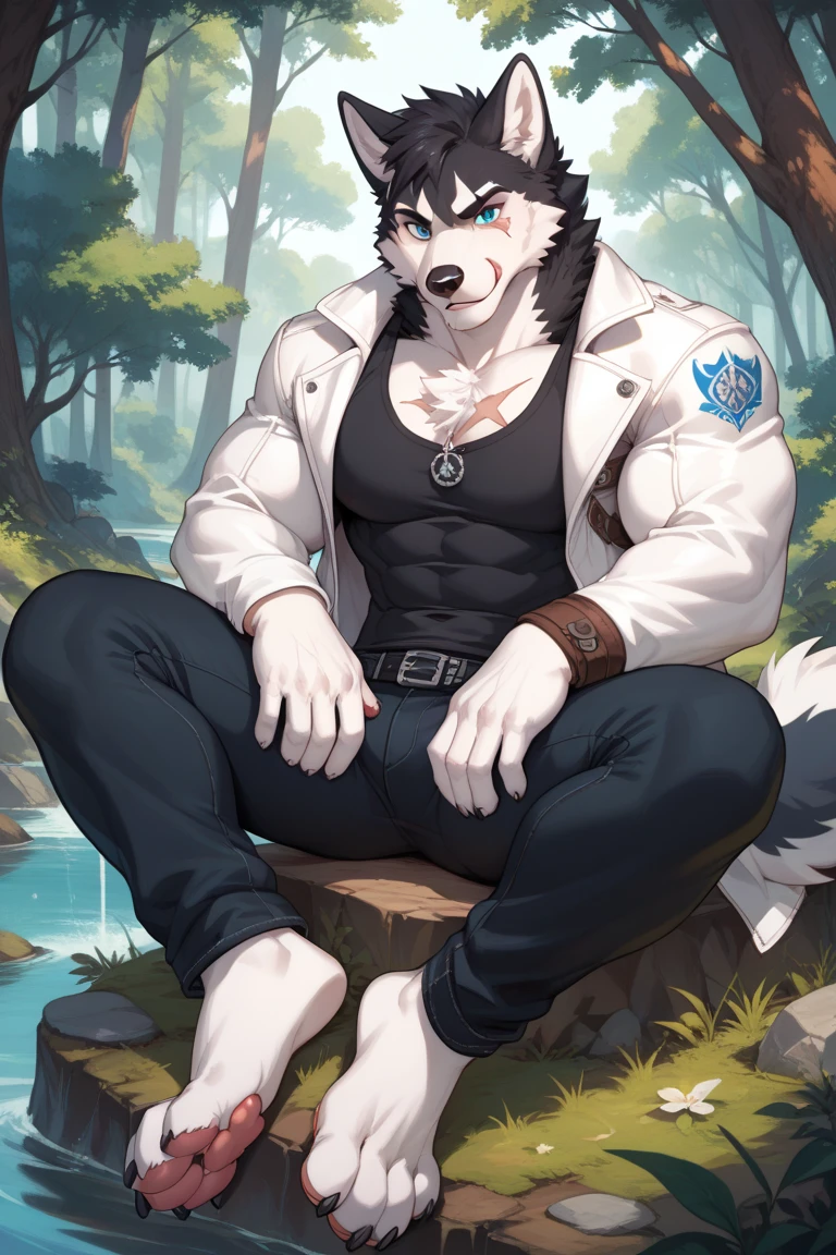 A white dog with green eyes shirtless in the forest wearing a sweats and a black and white letterman jacket and a medium bulge