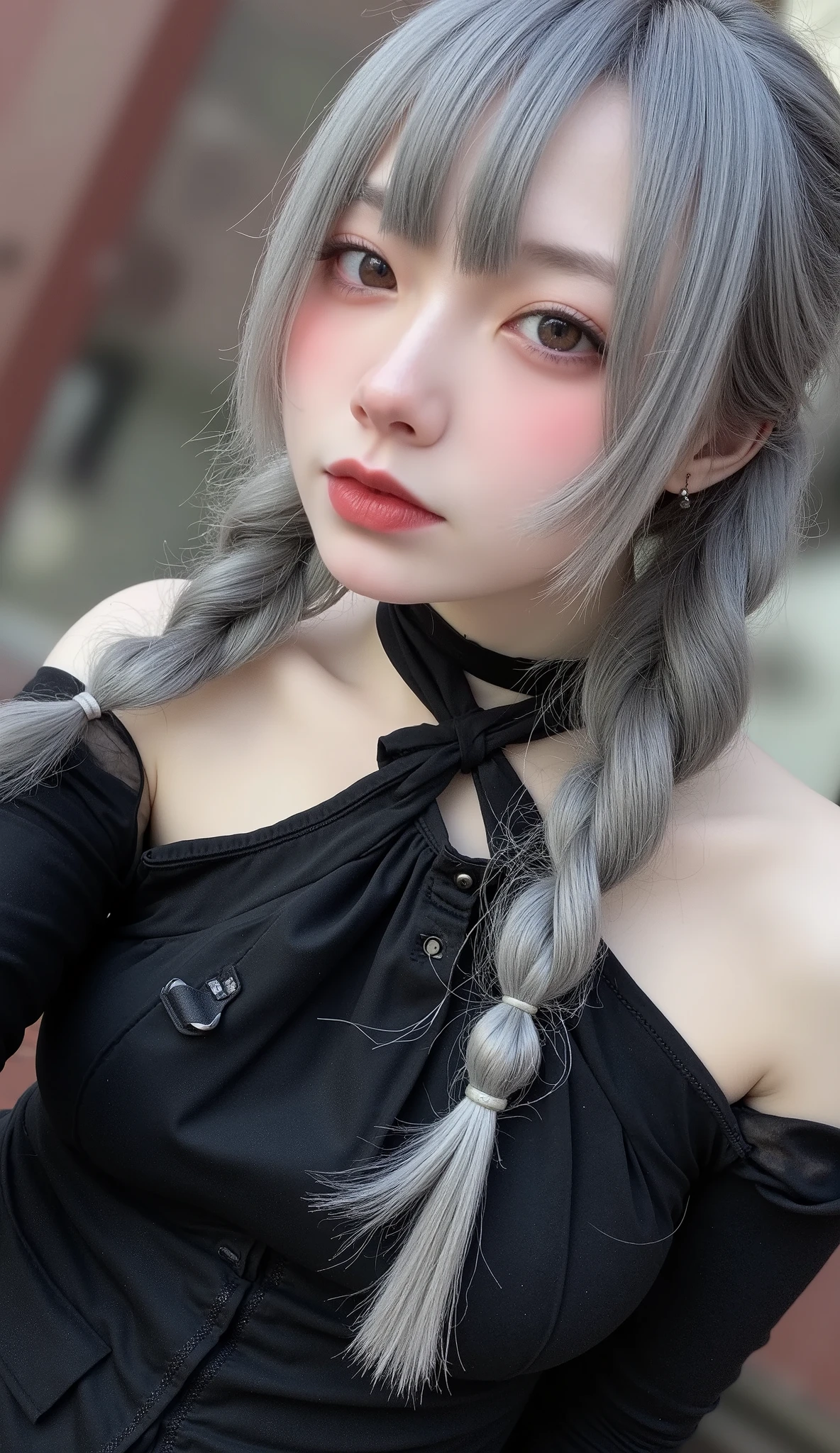 highest quality、 Masterpiece、 RAW Photo 、 film grain 、8k、 ultra high resolution、 very cute girl 、Albino Girl、Pale face_eye_lips、Black Lips、Highly detailed eyes and face、 gray hair:1.37、 French Braid :1.48、 pale skin on a street car、Light-pigmented eyes、 gothic fashion、 black costume
