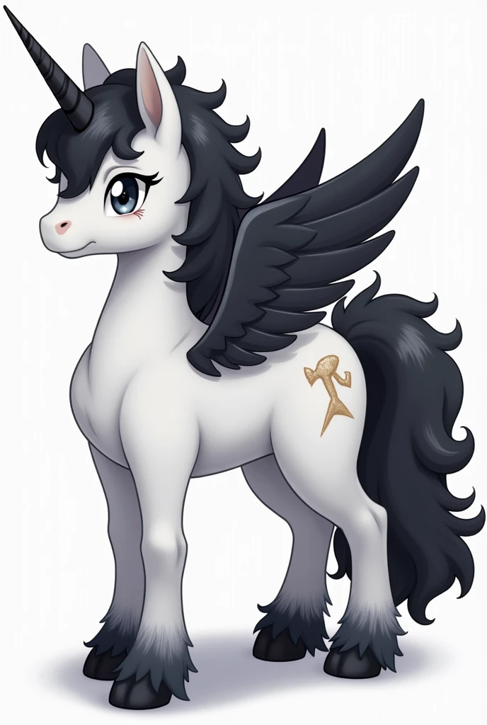 score_9, score_8_up, score_7_up, score_6_up, score_5_up, score_4_up, feral pony, female pony body, show accurate, light white skin, black hair, messy hair, curly hair, wavy hair, short hair, grey eyes, blind eyes, lost look, adorable face, pegasus wings, wings of the same skin color, unicorn horn, horn of the same skin color, horn in the center of the forehead, alicorn, freckles on the body, freckles on the face, full body, blushing, simple background,