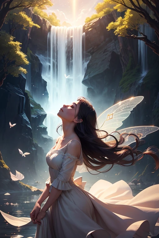 A beautiful angel with big white wings is playing in a waterfall.