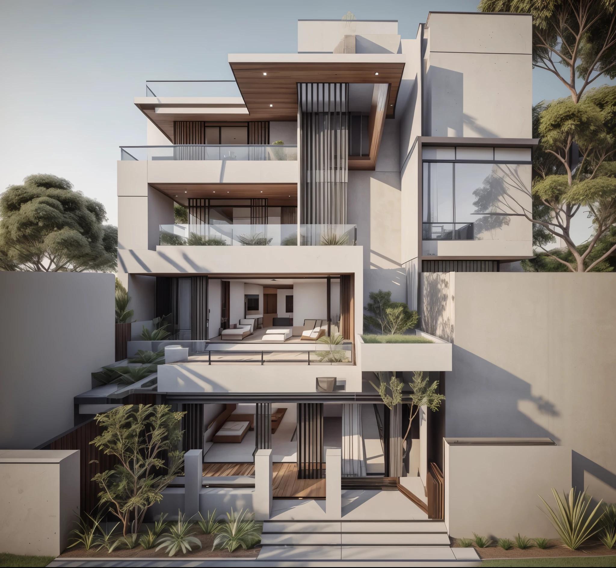 Building design, quality render , single building , trees, walkways, people