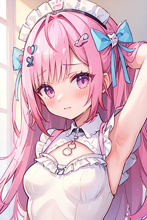 heart, 1girl, heart_of_string, chain, solo, long_hair, hands_on_own_cheeks, hands_on_own_face, white_background, looking_at_viewer, hand_on_own_face, ribbon, hair_ribbon, leash, hand_on_own_cheek, bare_shoulders
