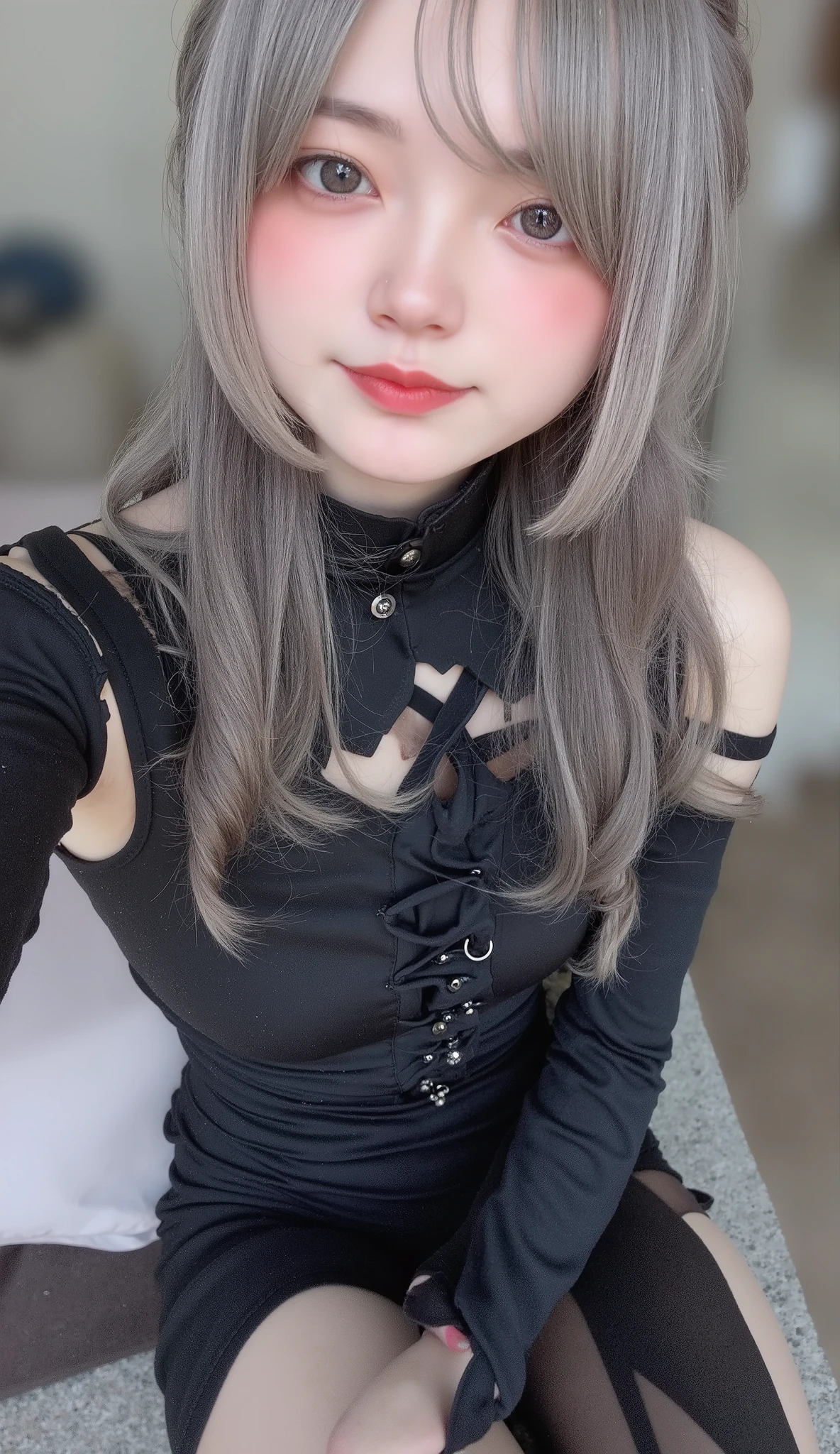 highest quality、 Masterpiece、 RAW Photo 、 film grain 、8k、 ultra high resolution、 very cute girl 、Albino Girl、Pale face_eye_lips、Black Lips、Highly detailed eyes and face、 gray hair:1.37、 French Braid :1.48、 pale skin on a street car、Light-pigmented eyes、 gothic fashion、 black costume
