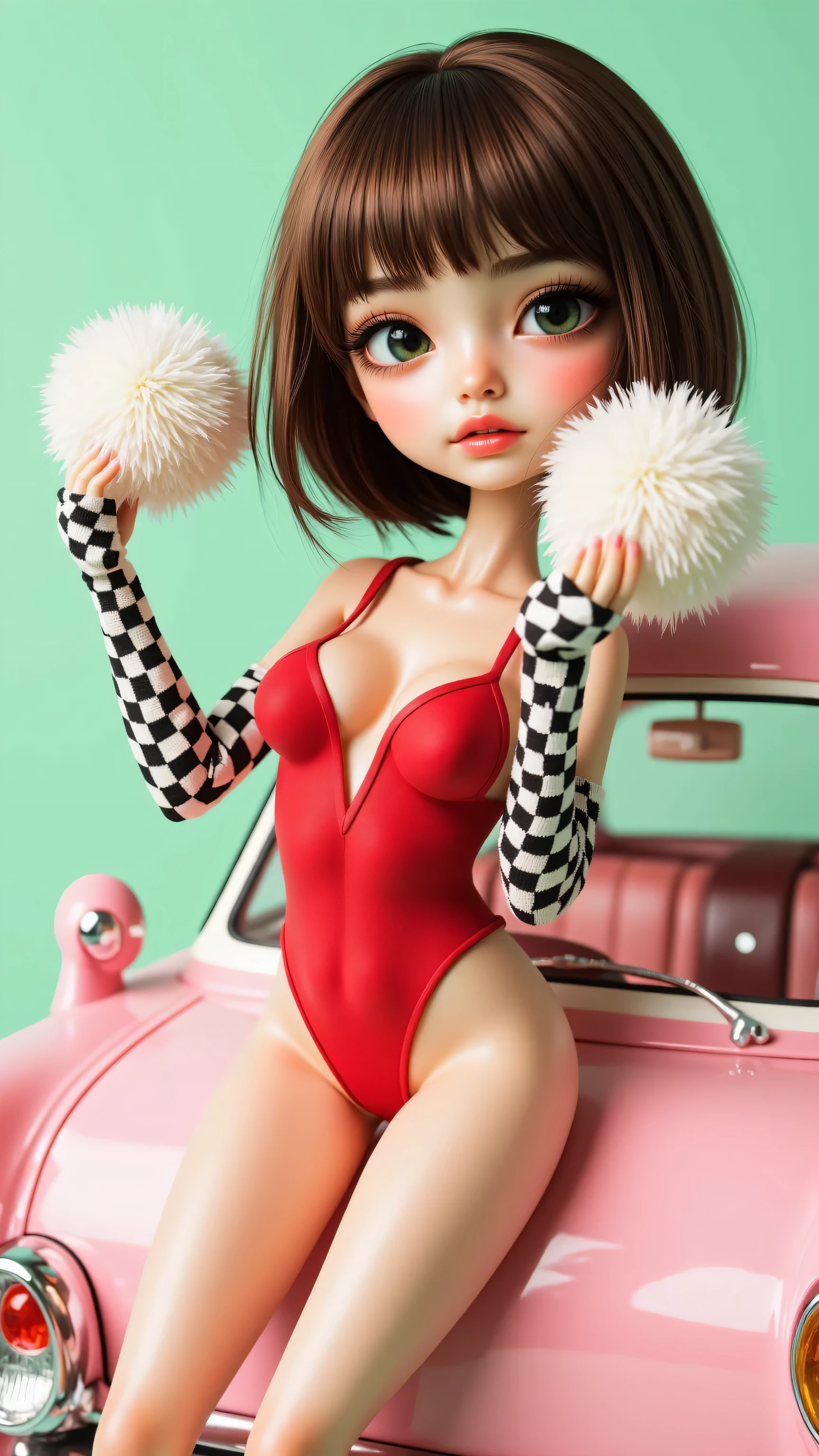 Best Quality, Masterpiece, ultra detailed,beautiful woman in swimsuit, car show stand on background, niji style, color filling art