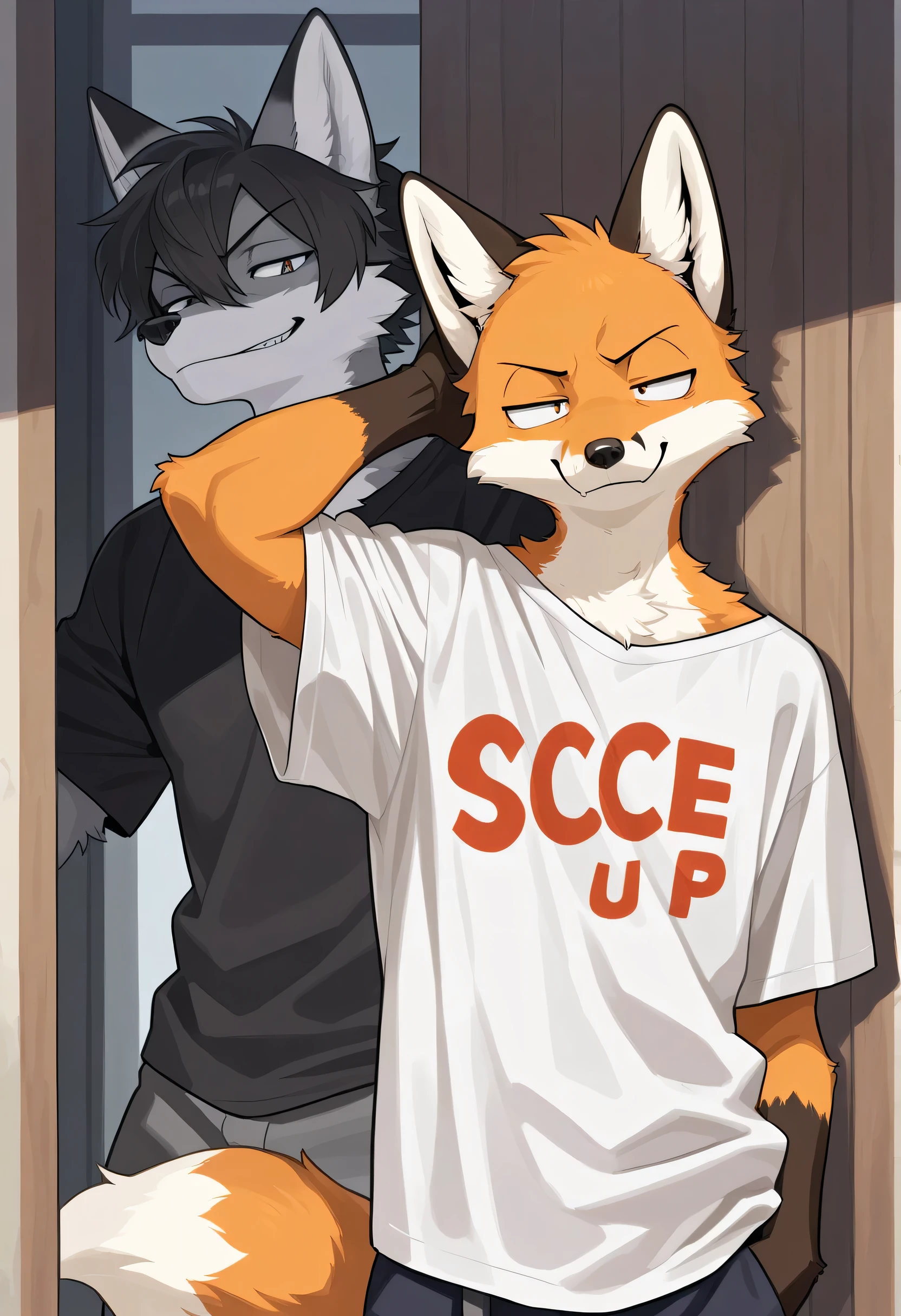 Crusher is an anthropomorphic wolfdog that stands at 6'7 and weighs in at 233 lbs, he has a 50" Chest, 21" Shoulders, 17" Biceps, 36" Waist, 25" thighs, 17" calves, and 20" back, he is an ISFP, his enneagram is 8w9 (458 tritype), and a "Steadiness" type on the Disc assessment, Crusher lives in a log cabin located in the birch woods back behind the suburbs of the coastal seaside town he lives in, Mt. Port, with his three younger brothers Basher, Dasher, and Kevin.
he usually works a twelve hour shift from 7 AM to 7 PM at the local hospital, St. Walpurga Medical Center as a registered nurse. He is an avid biker and a punk enthusiast. He is 24 years old, born on 1/20/94. He is 70% Wolf, 25% Tamaskan wolfdog, and 5% Dingo.
His exact orientations are unclear but may seem to be an Panromantic Demisexual.
He has orange fur, red hair styled into a basic rectangular mohawk, and red eyes