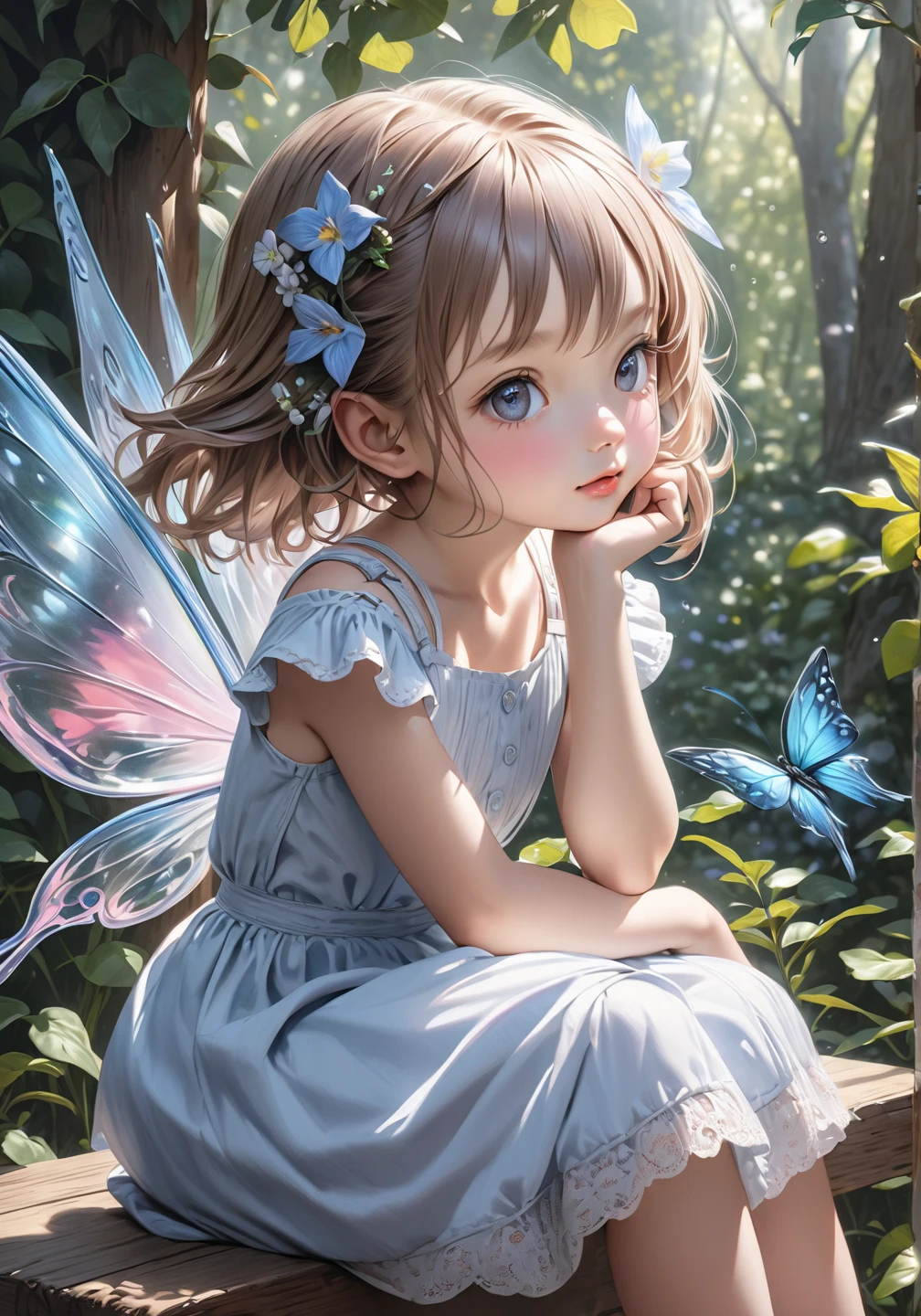 Four-year-old blonde girl, short wavy hair, blue eyes, cute and delicate, smiling with a purple butterfly. In a magic garden, soft light and soft colors. Perfect hands, Digital art, AI Art.