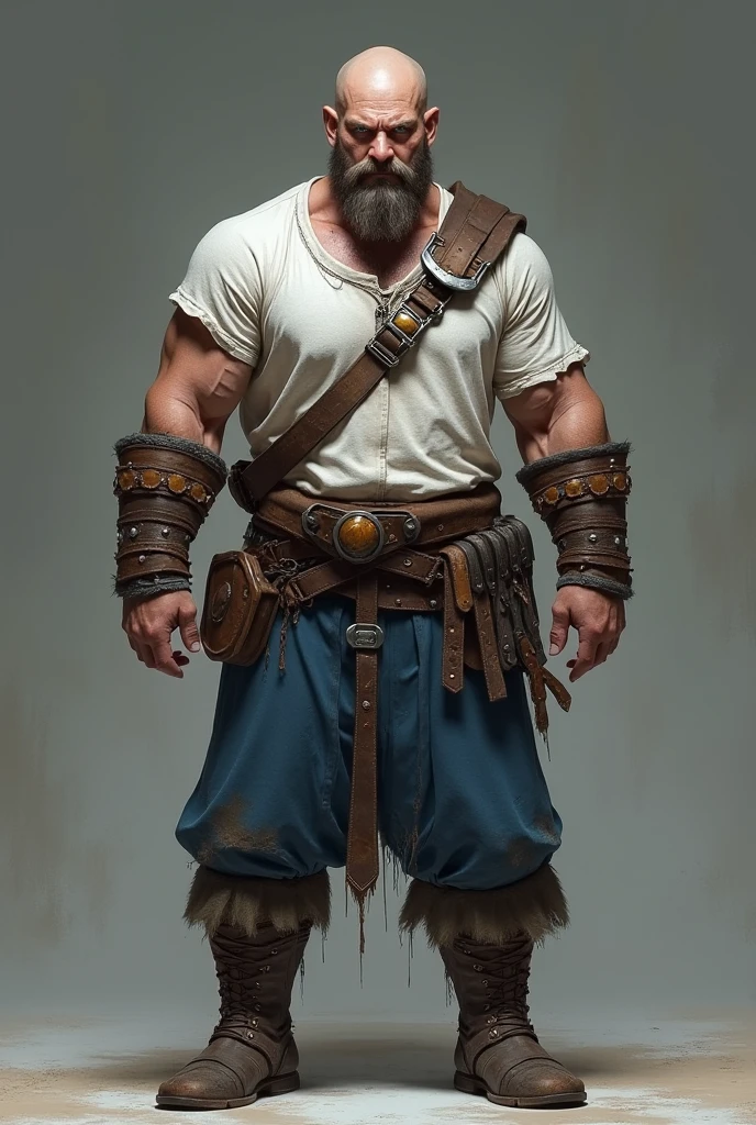 dwarf; barba grande; plaits; cicatrizes; careca; espada grande; cabelos pretos; armadura; roupa branca; botas; adaga; musculoso; bravo; barbarous; mochila; ombreiras; protection; magia; raios; busto.