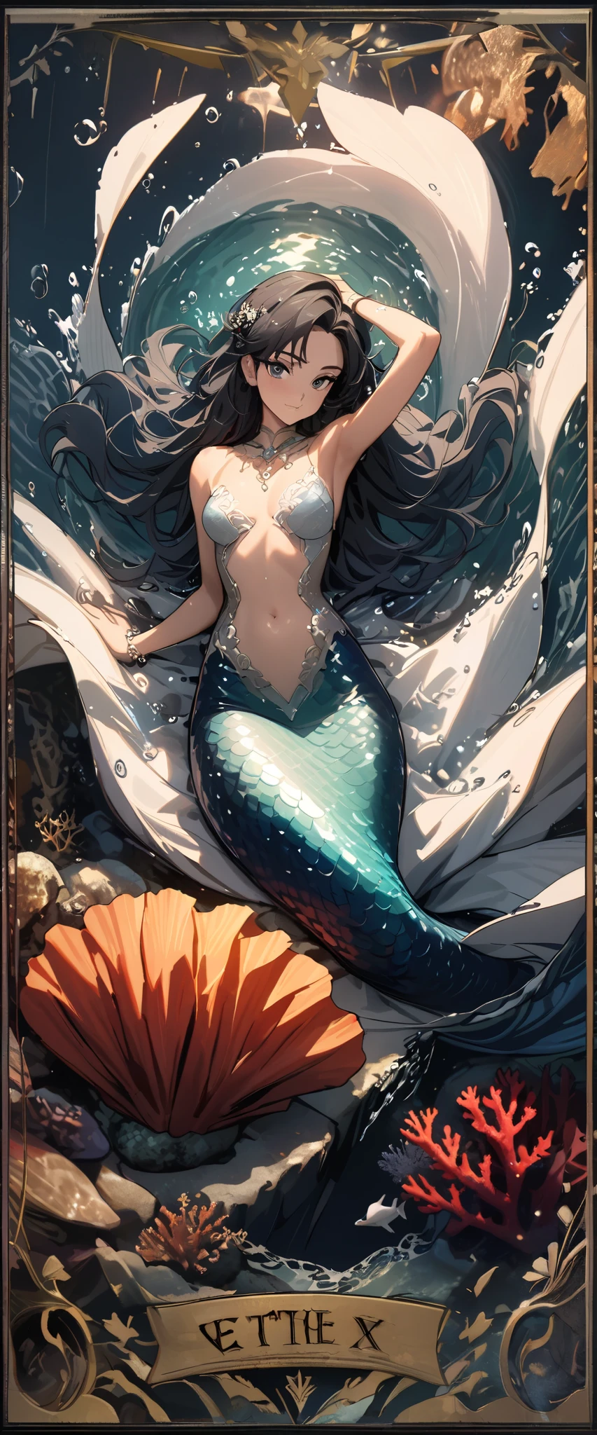 Tarot cards,Mermaid,close up,Corals surround , whales behind, 8,000, high quality, masterpiece,very good, Rich Details