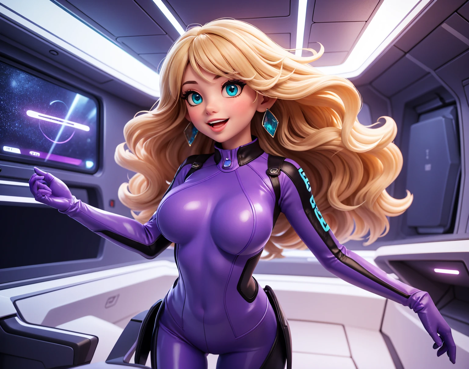 sexy selena jones space cadet, long blonde wavy hair, blue eyes, makeup, (fit, (muscles:0.25), small breast), looking at viewer. cheerful, grin. wearing a (dog tag necklace). She wears a skin tight flight suit, embracing a bold and seductive style, <lora:Cameltoe_FefaAIart:1>, <lora:Poking Nipples by Stable Yogi:0.25>, cameltoe view, cameltoe, Poking Nipples