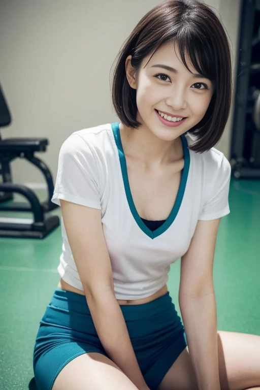 The beauty of 8K raw photos:2.0, short hair, 25 years old, great face and dark eyes, stare at the camera, A smile full of joy:1.6, show teeth, dynamic pose, demonstrate yoga poses, (Green Sportswear:1.2)、wear sneakers:1.4, realistic:1.9, very detailed CG 統合 8k 壁紙, very detailed, High resolution RAW color photos, professional photos, Shooting in the gym, girl sexy portrait