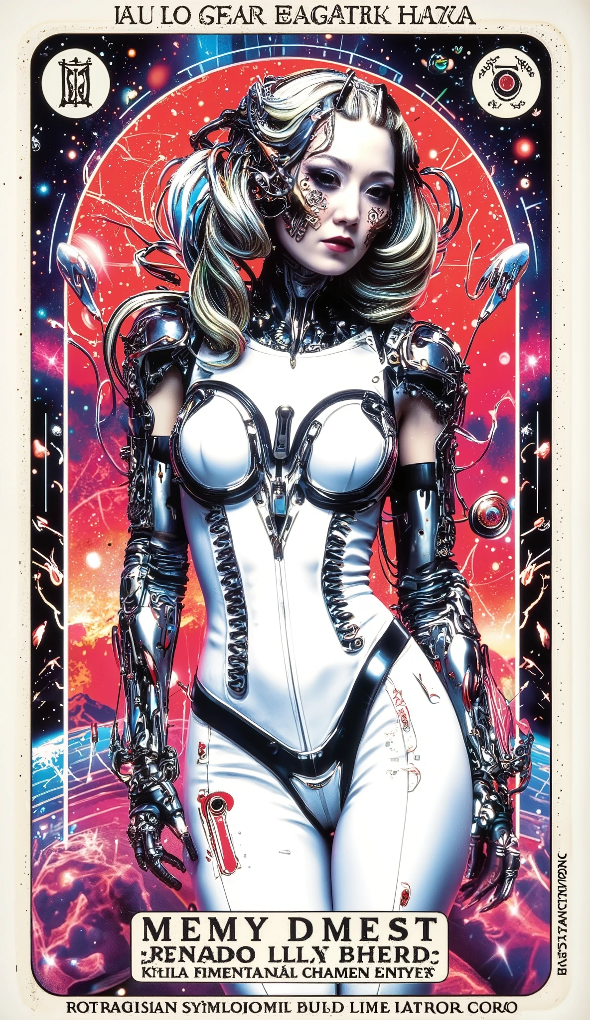 Lovecraftian Lady gaga, sexy cyborg body part, magazine cover, poster art , Lovecraftian creative creatures, hint of vibrant, bold huge text, matted design layout. technological elements, cosmic dread, noise background