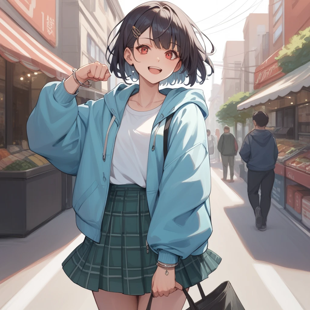 One girl, solo, short black hair, bob cut, (hairpin, bangs parted in center), red eyes, smiling, dark green checked skirt, oversized light blue hoodie jacket, silver bracelet, raised fist, outdoors, shopping street, masterpiece, top quality, very aesthetic, high detail, high resolution, score_ 9, score_ 8_up, score_ 7_up,source_anime 9, score_ 8_up, score_ 7_up,source_anime,