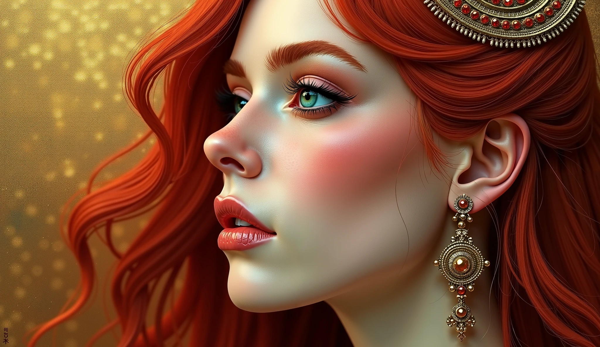 a seductive goddess with large breasts, golden horn on head, long wavy red hair, sensual pose, hyper detailed, 8k, intricate, masterfully painted, cinematic lighting, dramatic colors, chiaroscuro, fantasy, digital art