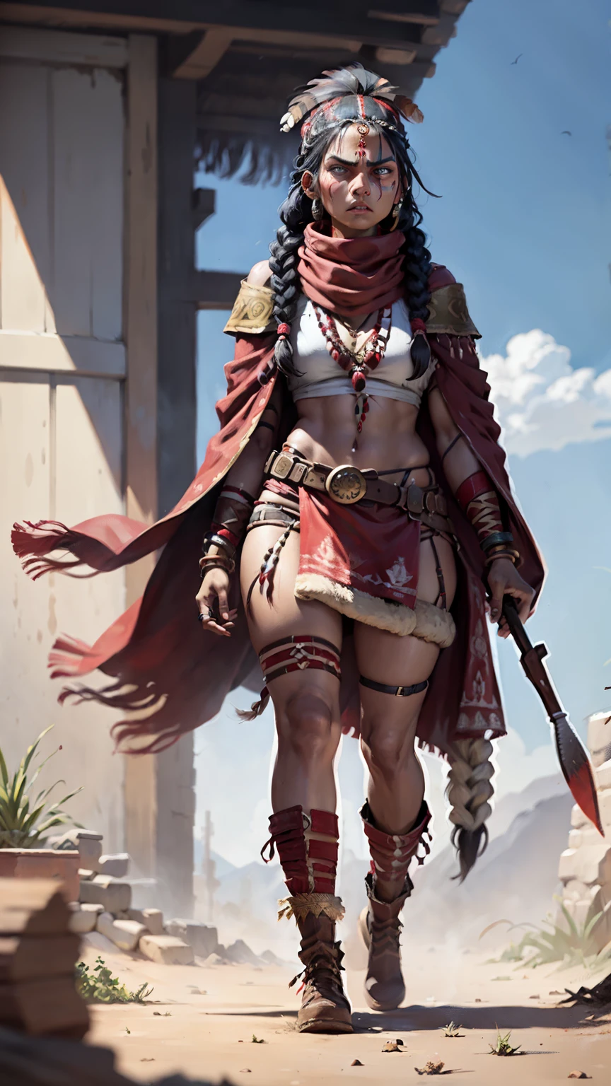 Create a painting-style illustration of a full-length Apache Indian woman with an angry expression, wearing a cloak over her body, a red scarf tied around her head, feather decorations on her head, braids in her hair, tribal paint on her face , leather boots, and wielding a shotgun.