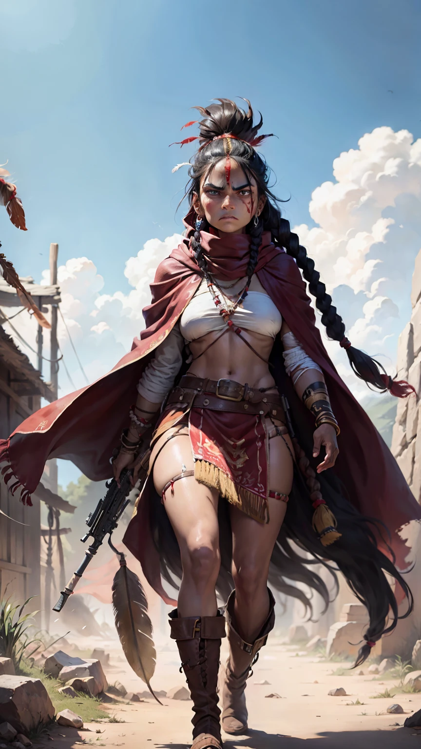 Create a painting-style illustration of a full-length Apache Indian woman with an angry expression, wearing a cloak over her body, a red scarf tied around her head, feather decorations on her head, braids in her hair, tribal paint on her face , leather boots, and wielding a shotgun.