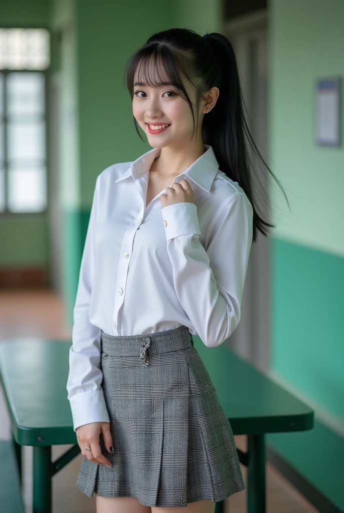 Highest quality,8k,High definition,Professional Lighting,s old,Beautiful face like an actress,Showing teeth,With bangs,White blouse,Big Breasts(navel),See-through mini skirt:1.3,School classroom