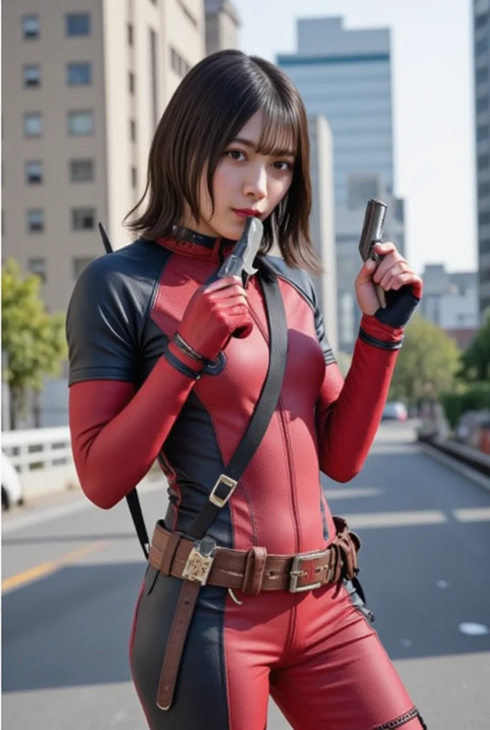 Personagem Sakura ultra realista com a roupa do Deadpool