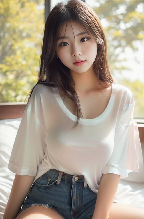 (Highest quality, 8K, masterpiece ), A 15-year-old junior high school student with a young face、Bun hairstyle:1.2、 bangs、The eyes are big and clear、Bra shows through shirt,Black Hair、Glaring、Very Short Hair、Big Breasts、bangs:0.6,Glamour thighs:1.2、Tight white training shirt、Highly detailed face, double eyelid, Strong natural light、Round face:1.2、whole body、Sexy thighs:1.2、round face:1.3、Side Angle,Diagonal horizontal angle:1.2、Tight shorts、On the bed、