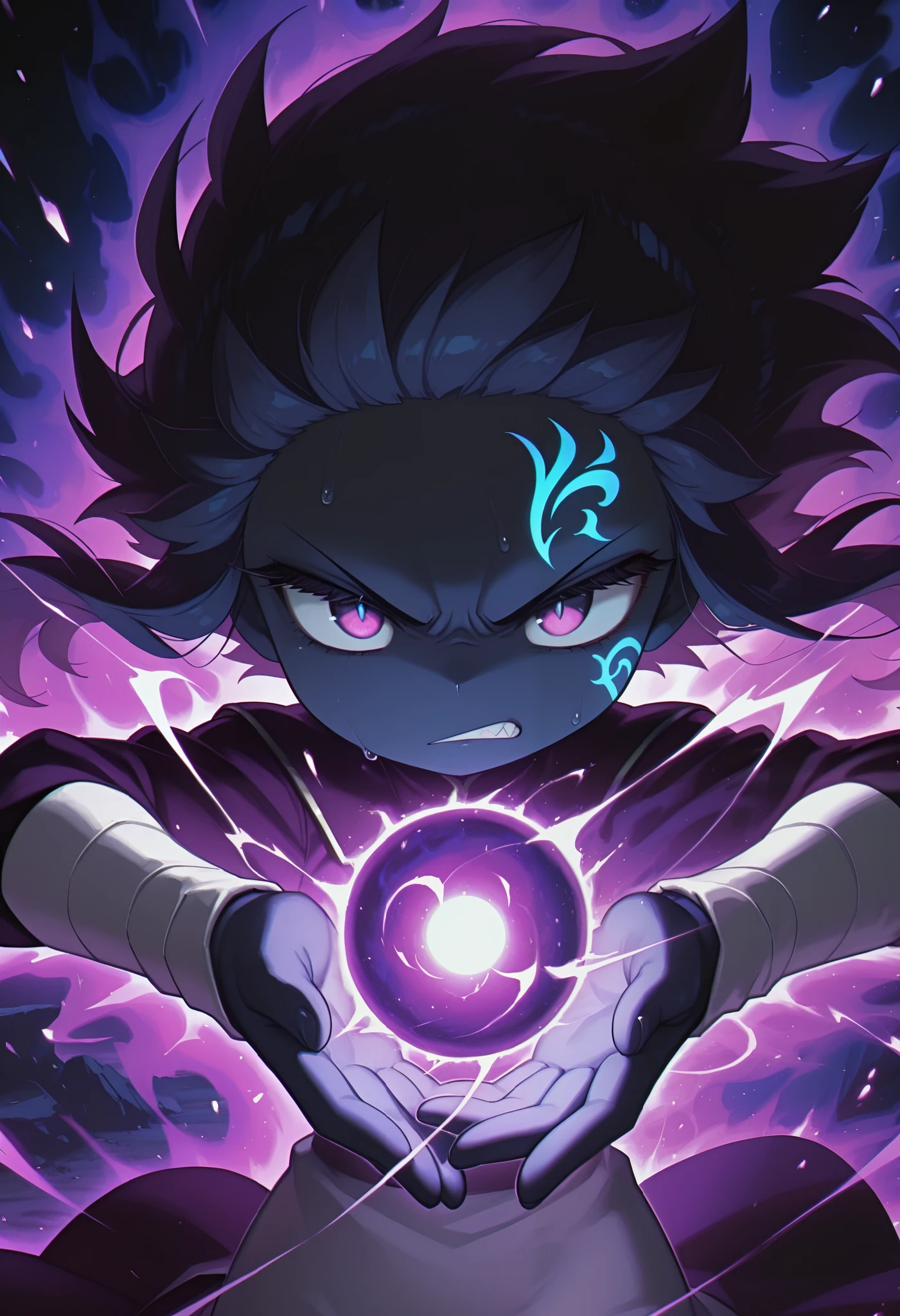 masterpiece, best quality, amazing quality, anime screencap. BREAK. Angry woman, tired eyes, sweating, dark blue skin, glowing tattoos, body covered, white bandages clothing, both hands, gathering energy sphere, powerful aura, intense expression, mystical vibe, radiating energy, fierce stance, magical atmosphere, dynamic pose, ethereal glow, focused gaze, supernatural vibe, otherworldly presence.