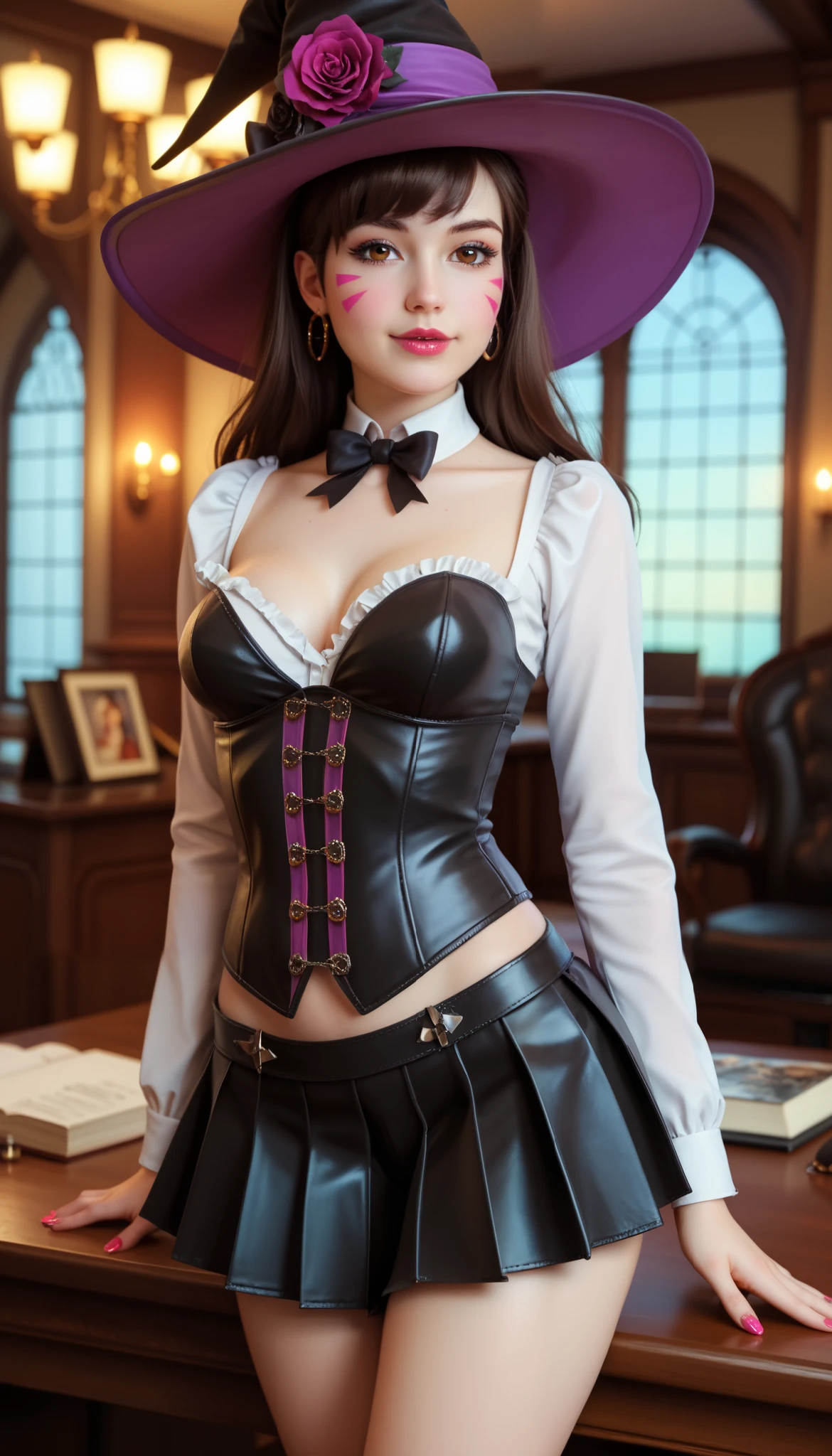 beautiful detailed D.VA wearing a witch hat, seductive pose, brown eyes and brown hair, leather corset, pleated mini skirt in black and pastel red aesthetics, mystic background, best quality, 4k, 8k, highres, masterpiece, ultra-detailed, realistic, photorealistic, photo-realistic, HDR, UHD, studio lighting, ultra-fine painting, sharp focus, physically-based rendering, extreme detail description, professional, vivid colors, bokeh, concept art
