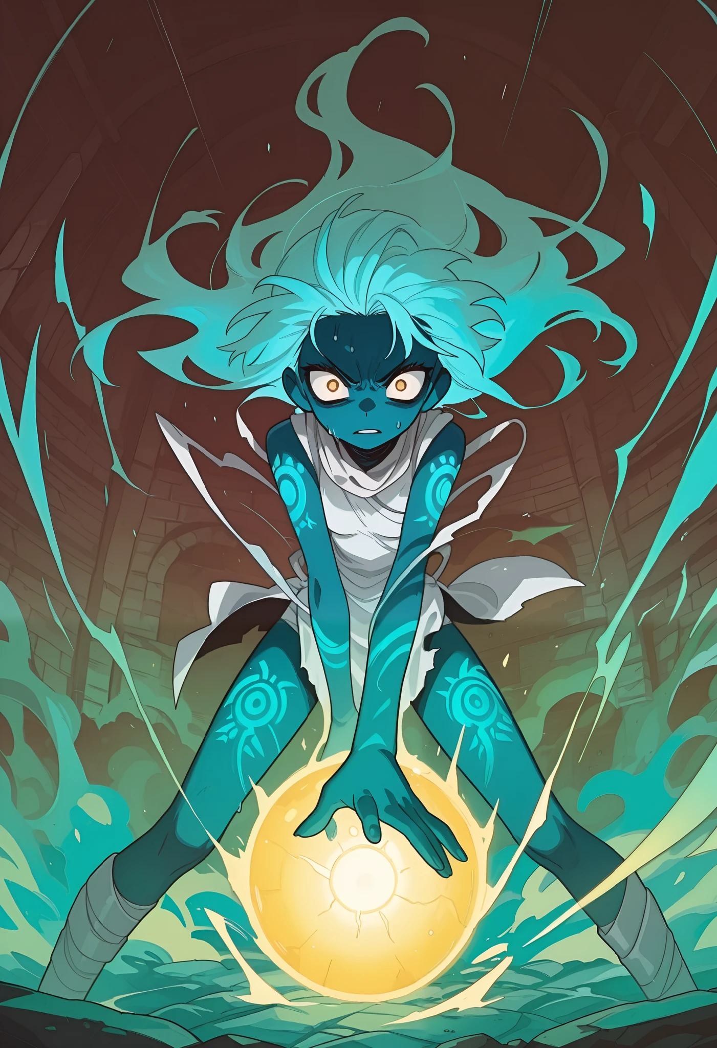masterpiece, best quality, amazing quality, anime screencap. BREAK. Angry woman, tired eyes, sweating, dark blue skin, glowing tattoos, body covered, white bandages clothing, both hands, gathering energy sphere, powerful aura, intense expression, mystical vibe, radiating energy, fierce stance, magical atmosphere, dynamic pose, ethereal glow, focused gaze, supernatural vibe, otherworldly presence.