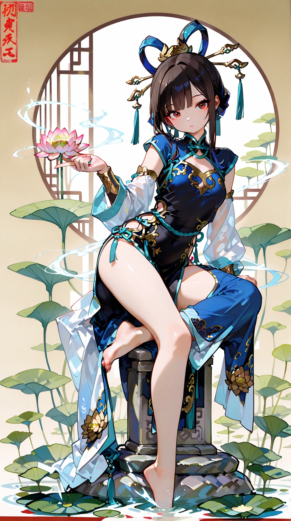 Personification of camellia flower、Japanese pattern frame、Decorative panel、abstract  art、By Alphonse Mucha (​masterpiece、top-quality、hight resolution: 1.4)、More about realism、intricate-detail、4K、color splashes、line-drawing、Fibonacci、