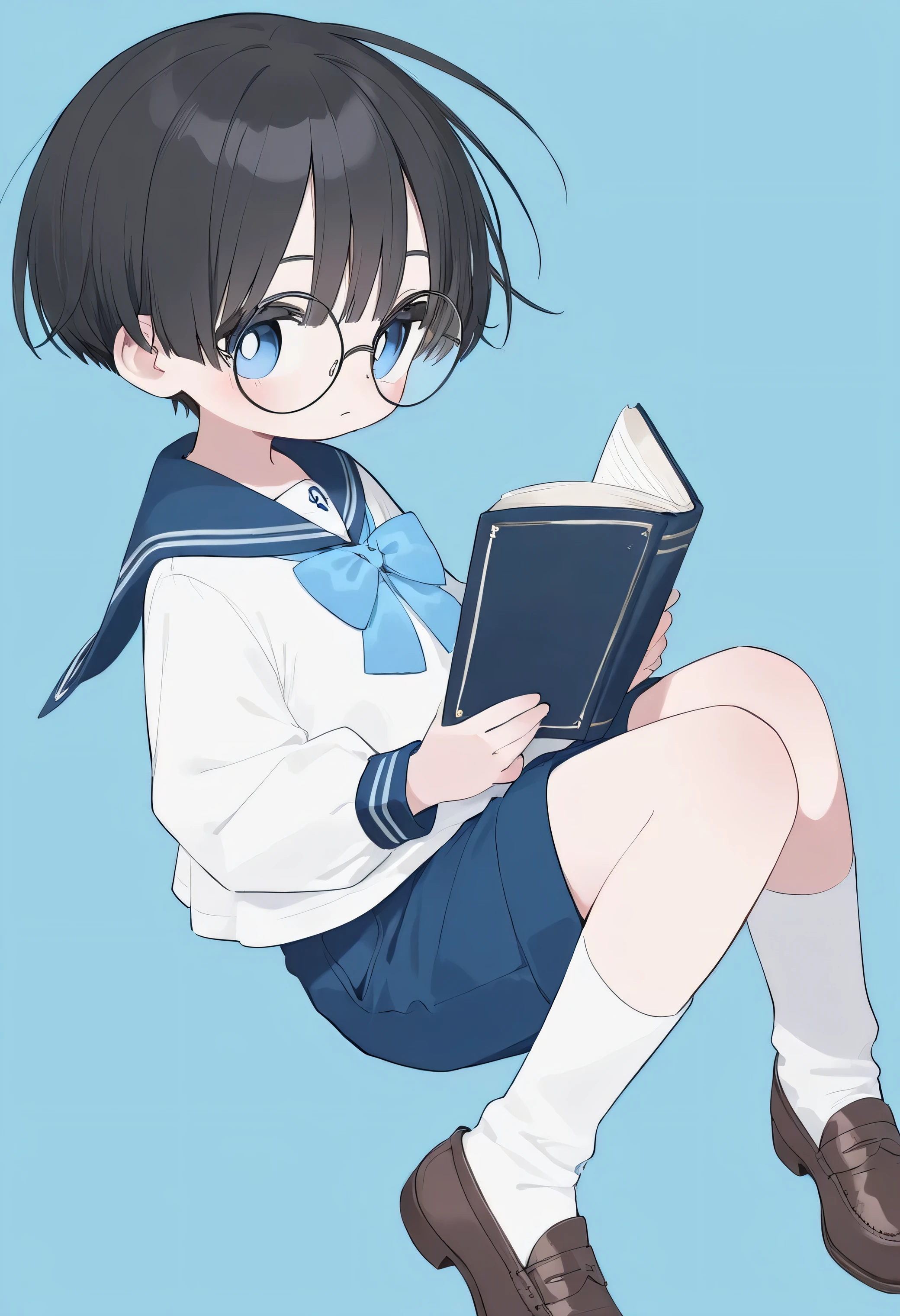 Portrait of 1 young boy with big round glasses reading a book on light-blue background (He has short black hair with bangs. He is ite and small. He has dark-blue eyes. He wears a sailor uniform made of white blouse, blue bow, blue shorts, white sock and brown loafers.)