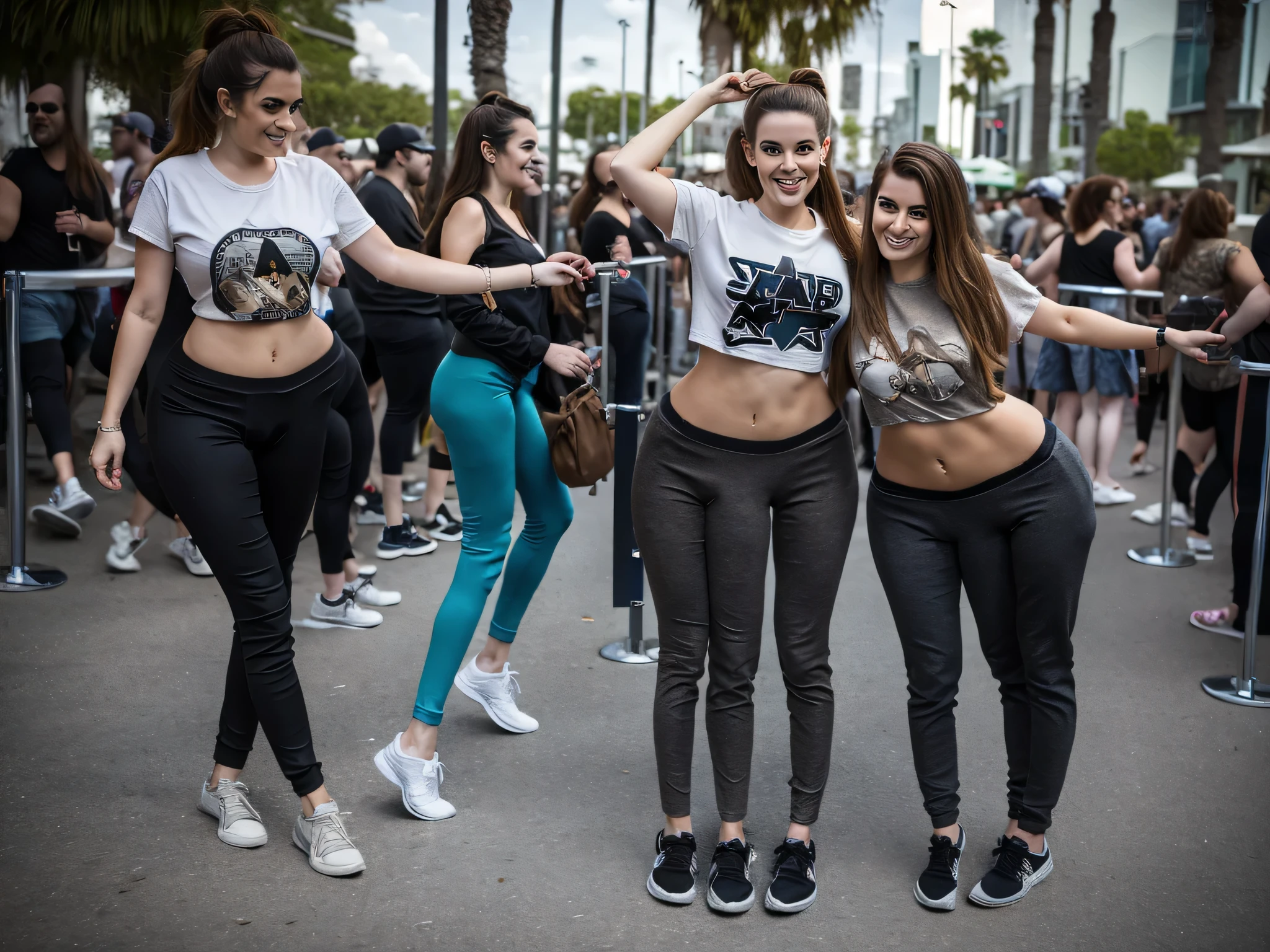 2heads, highly detailed, best resolution, two-headed girl, age 24, three legs, two heads on one body, American, pale skin, light brown hair, happy, fun, cute, at a Star Wars convention, wearing a black Star Wars shirt, leggings, sneakers,